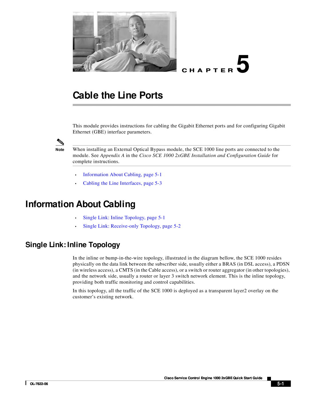 Cisco Systems OL-7822-06 Cable the Line Ports, Information About Cabling, Single Link Inline Topology, C H A P T E R 