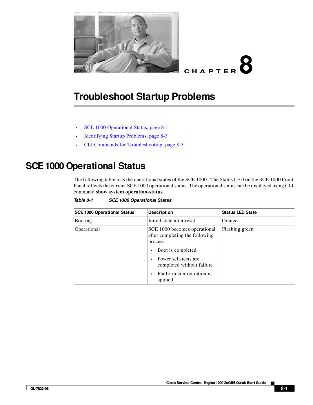 Cisco Systems OL-7822-06 Troubleshoot Startup Problems, SCE 1000 Operational Status, Description, Status LED State 