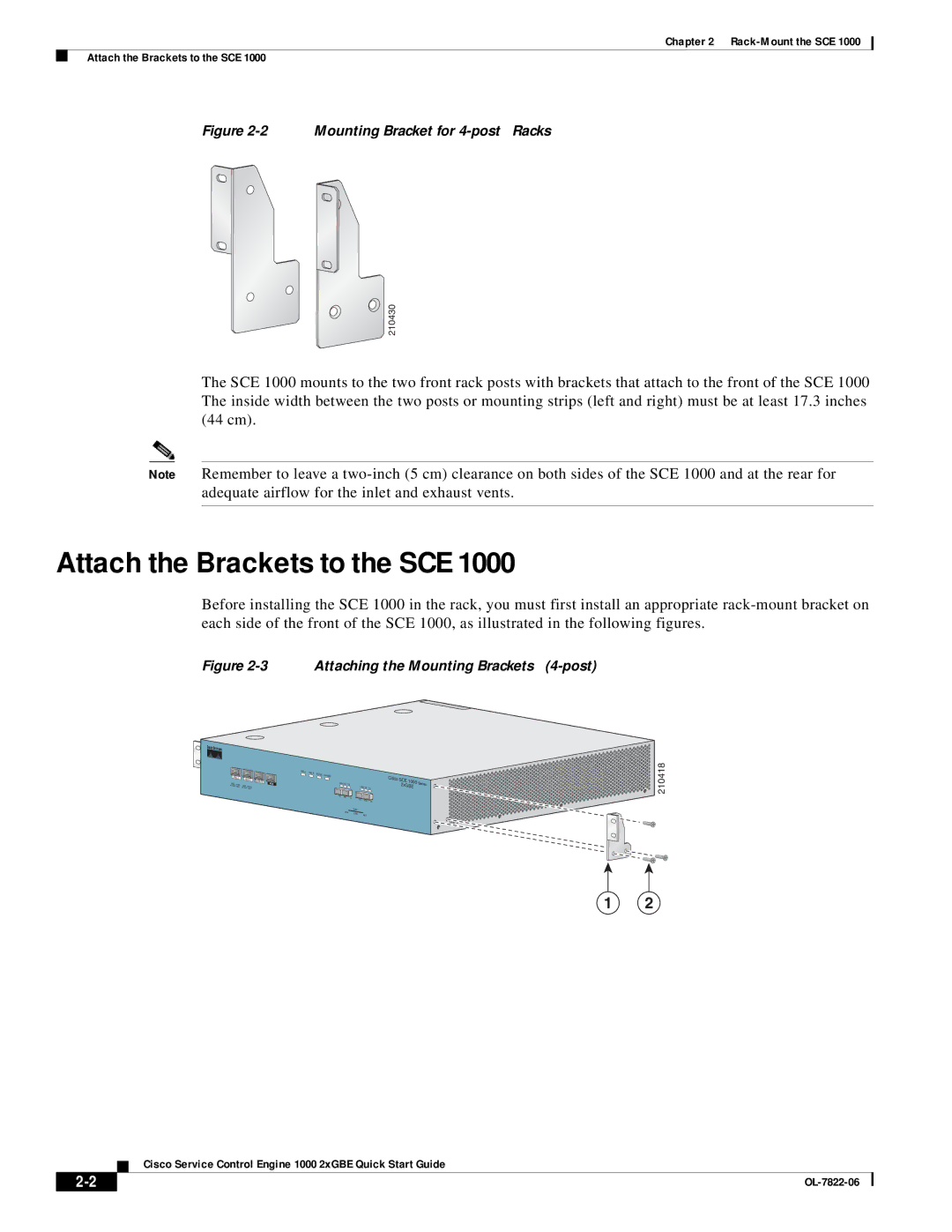 Cisco Systems OL-7822-06 quick start Attach the Brackets to the SCE, Attaching the Mounting Brackets 4-post 