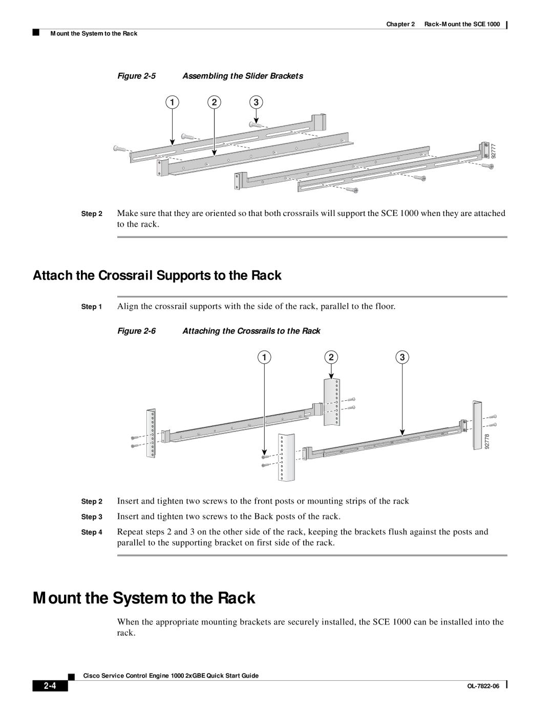 Cisco Systems OL-7822-06 quick start Mount the System to the Rack, Attach the Crossrail Supports to the Rack 