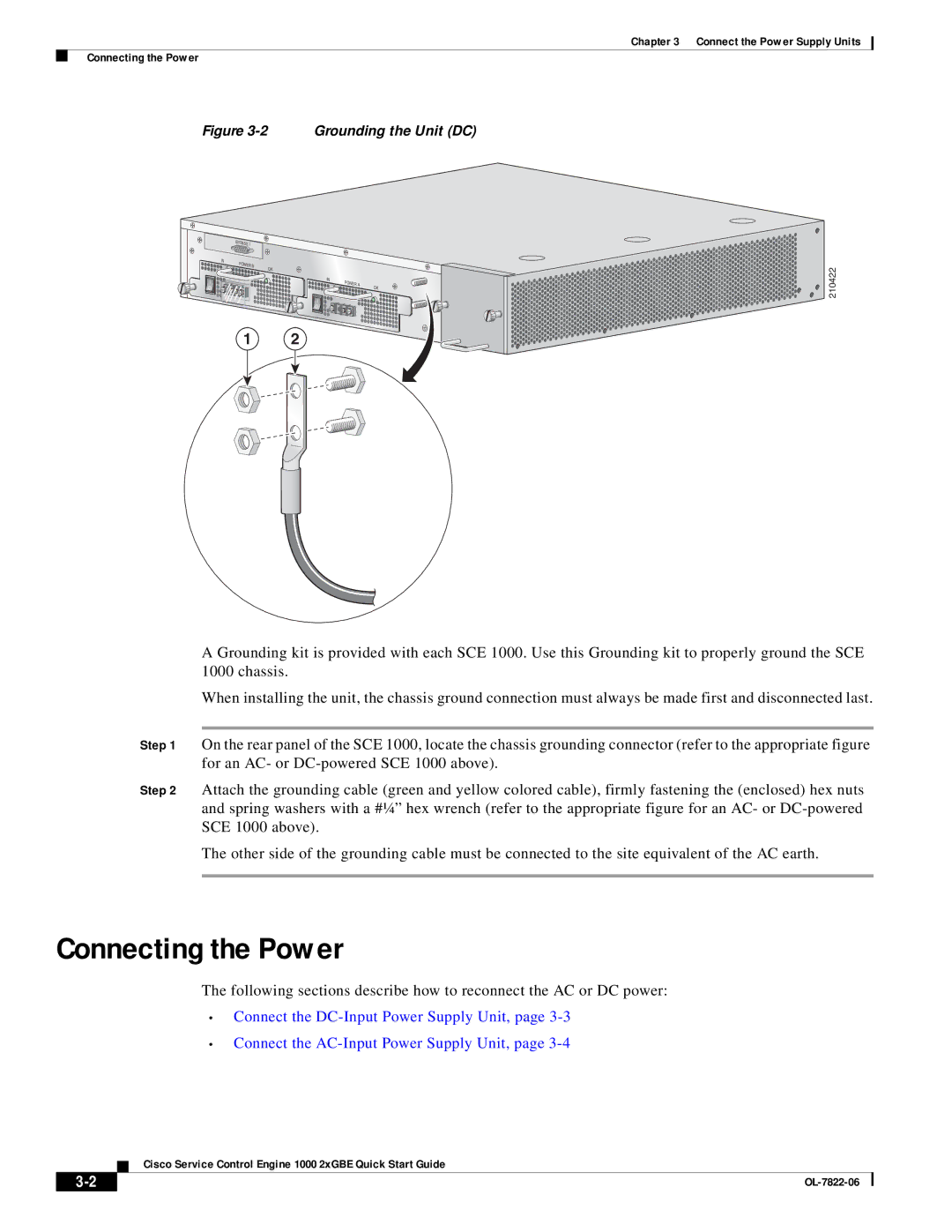 Cisco Systems OL-7822-06 quick start Connecting the Power, Grounding the Unit DC 