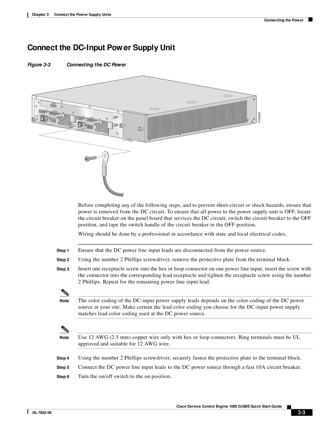 Cisco Systems OL-7822-06 quick start Connect the DC-Input Power Supply Unit, Connecting the DC Power 