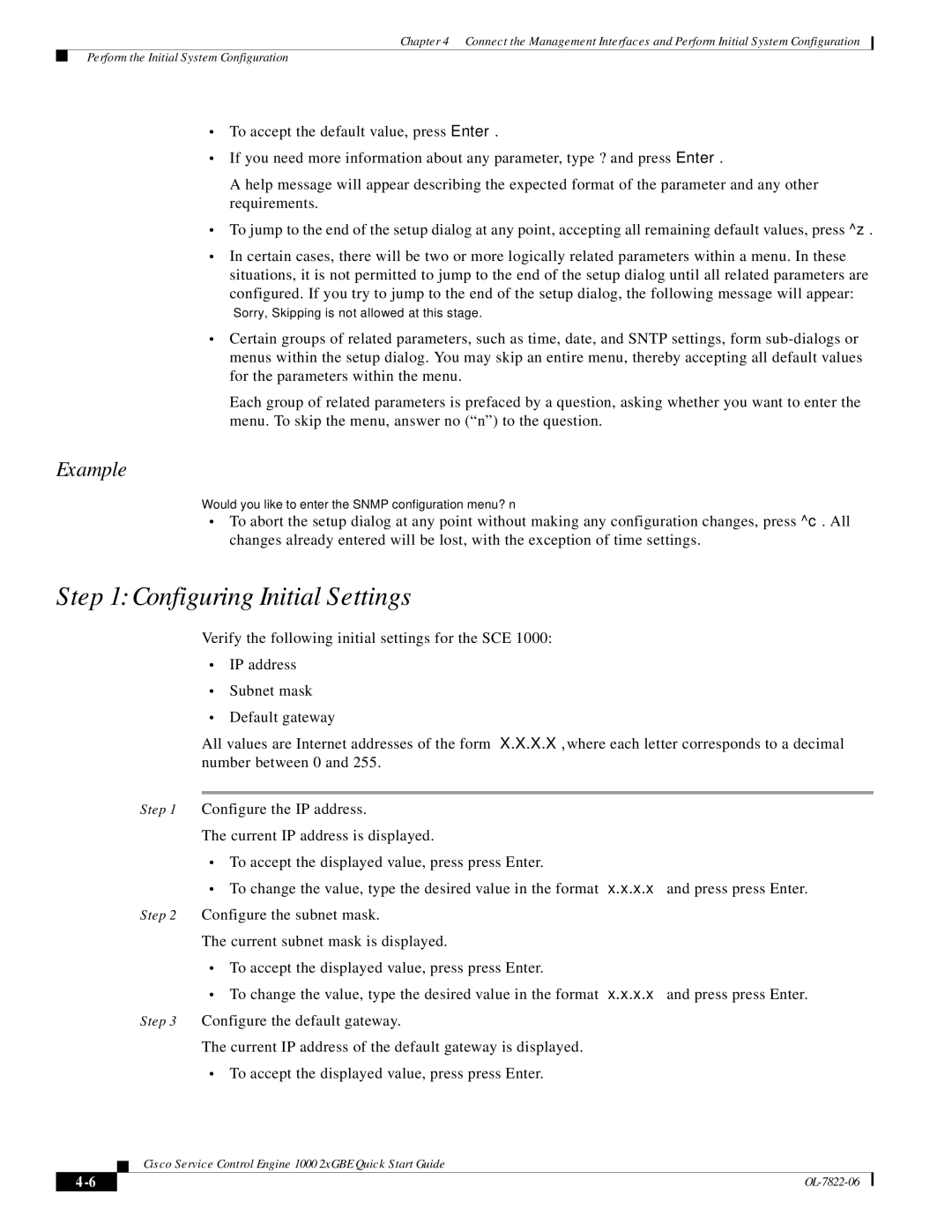 Cisco Systems OL-7822-06 quick start Configuring Initial Settings, Example 