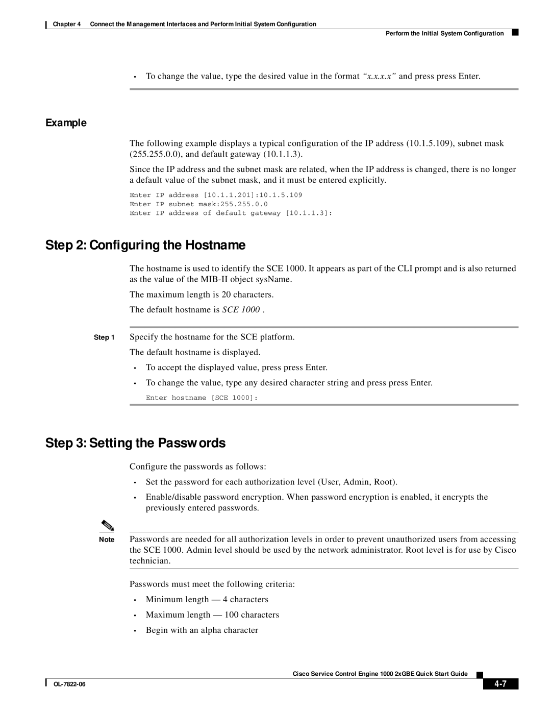 Cisco Systems OL-7822-06 quick start Configuring the Hostname, Setting the Passwords 