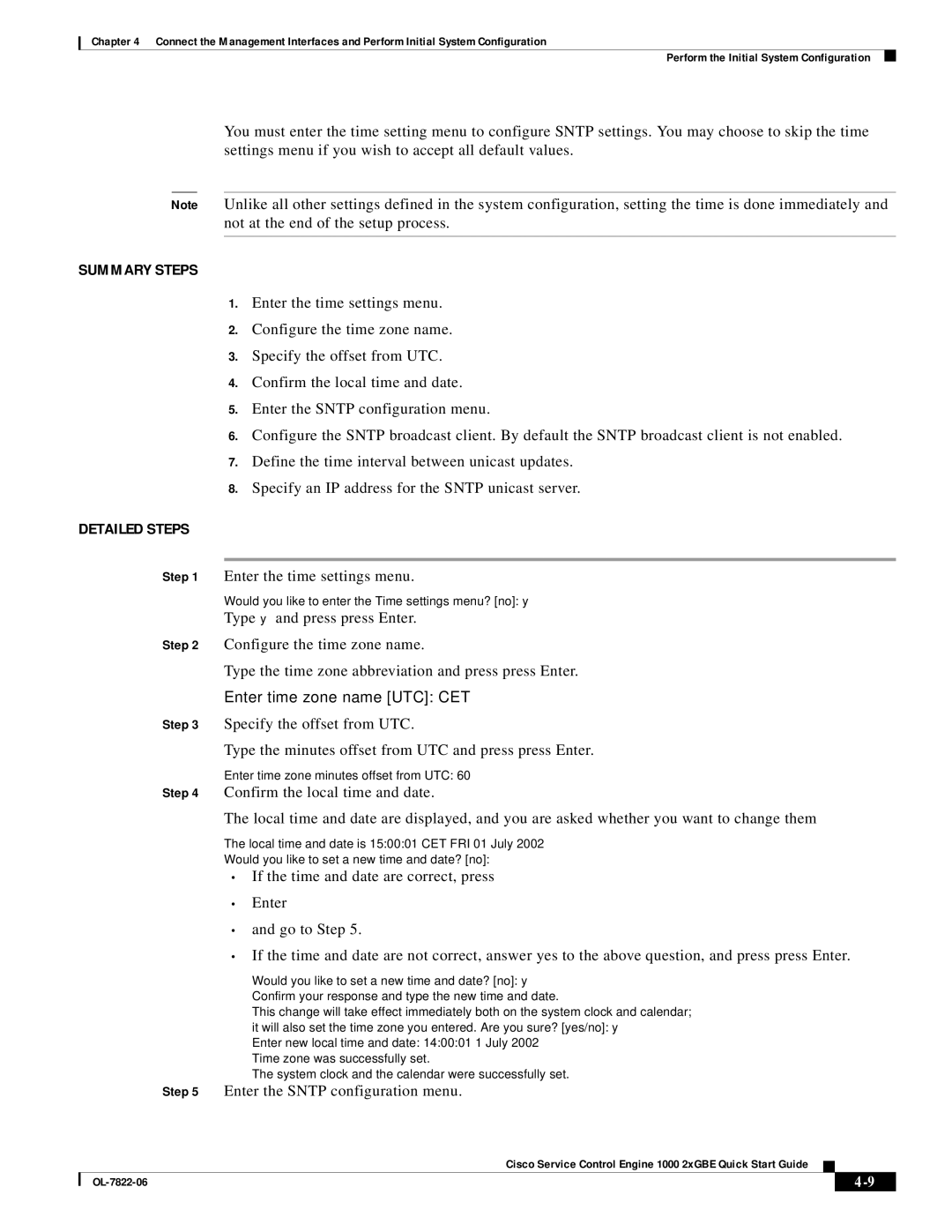 Cisco Systems OL-7822-06 quick start Enter time zone name UTC CET 