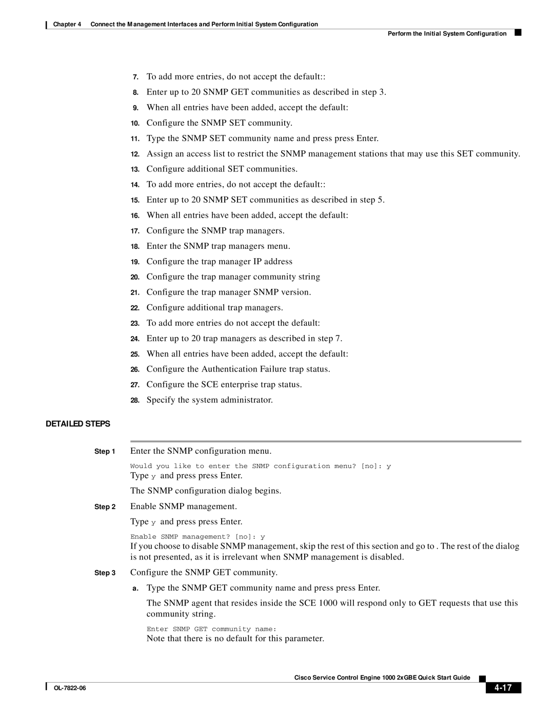 Cisco Systems OL-7822-06 quick start Enter the Snmp configuration menu 