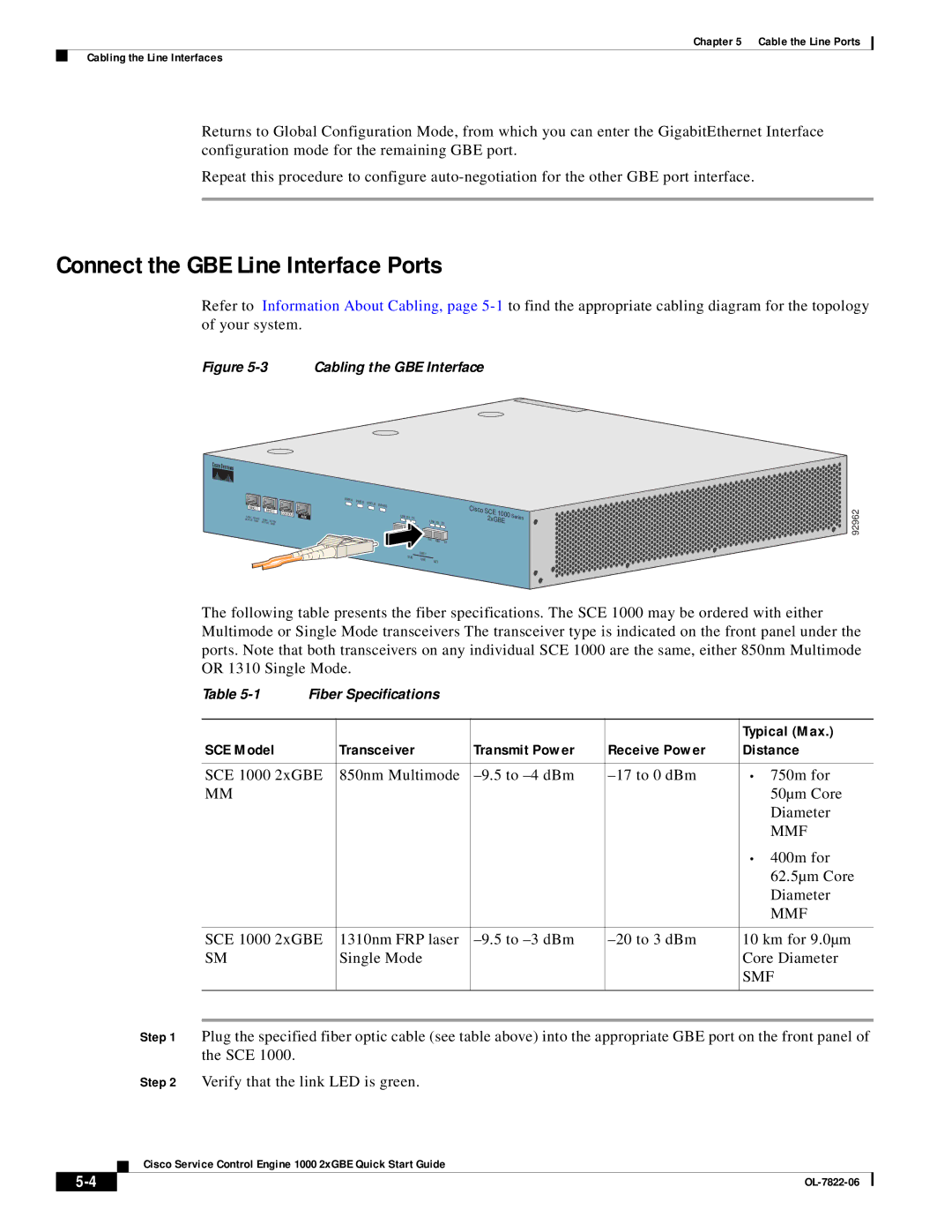 Cisco Systems OL-7822-06 Connect the GBE Line Interface Ports, SCE Model Transceiver Transmit Power Receive Power Distance 