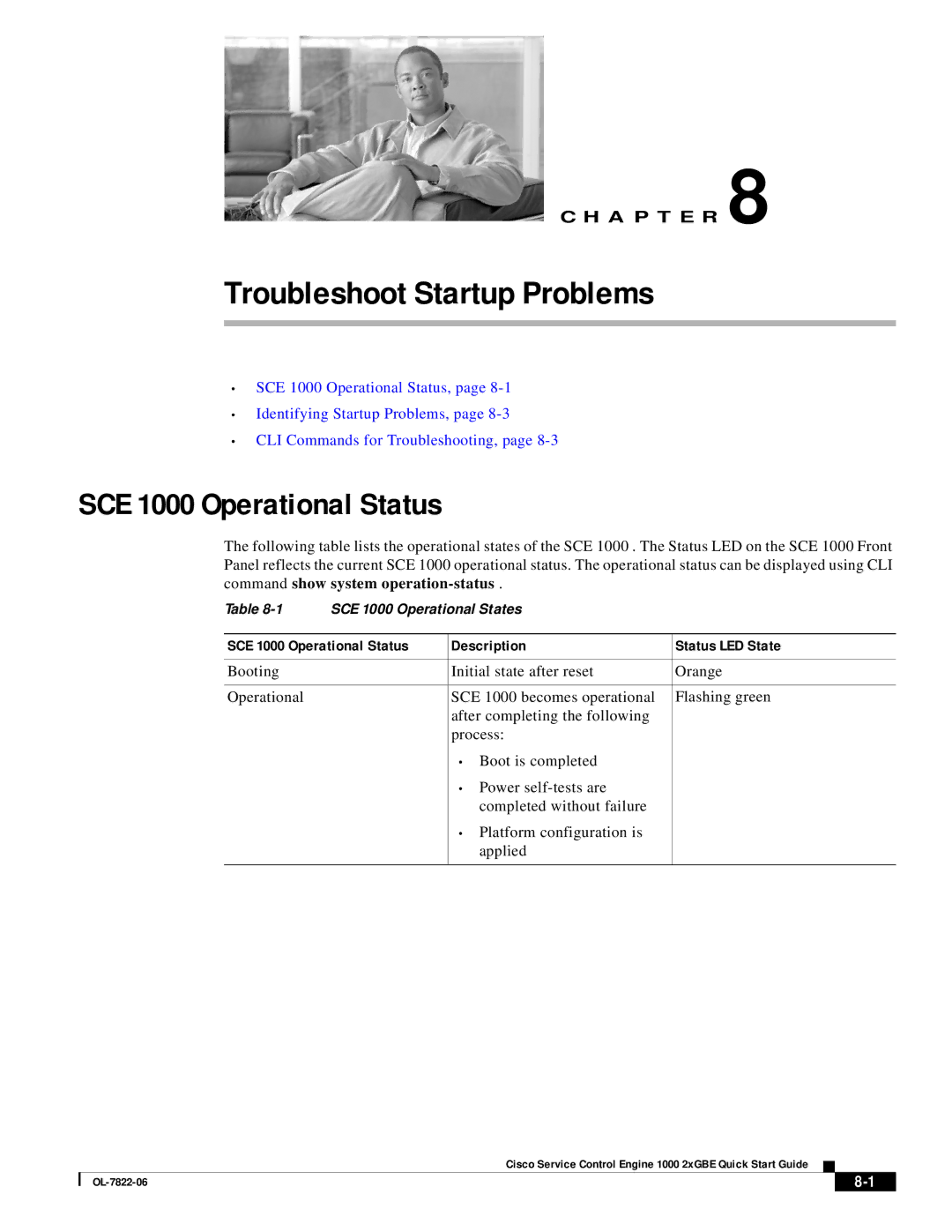 Cisco Systems OL-7822-06 quick start Troubleshoot Startup Problems, SCE 1000 Operational Status 