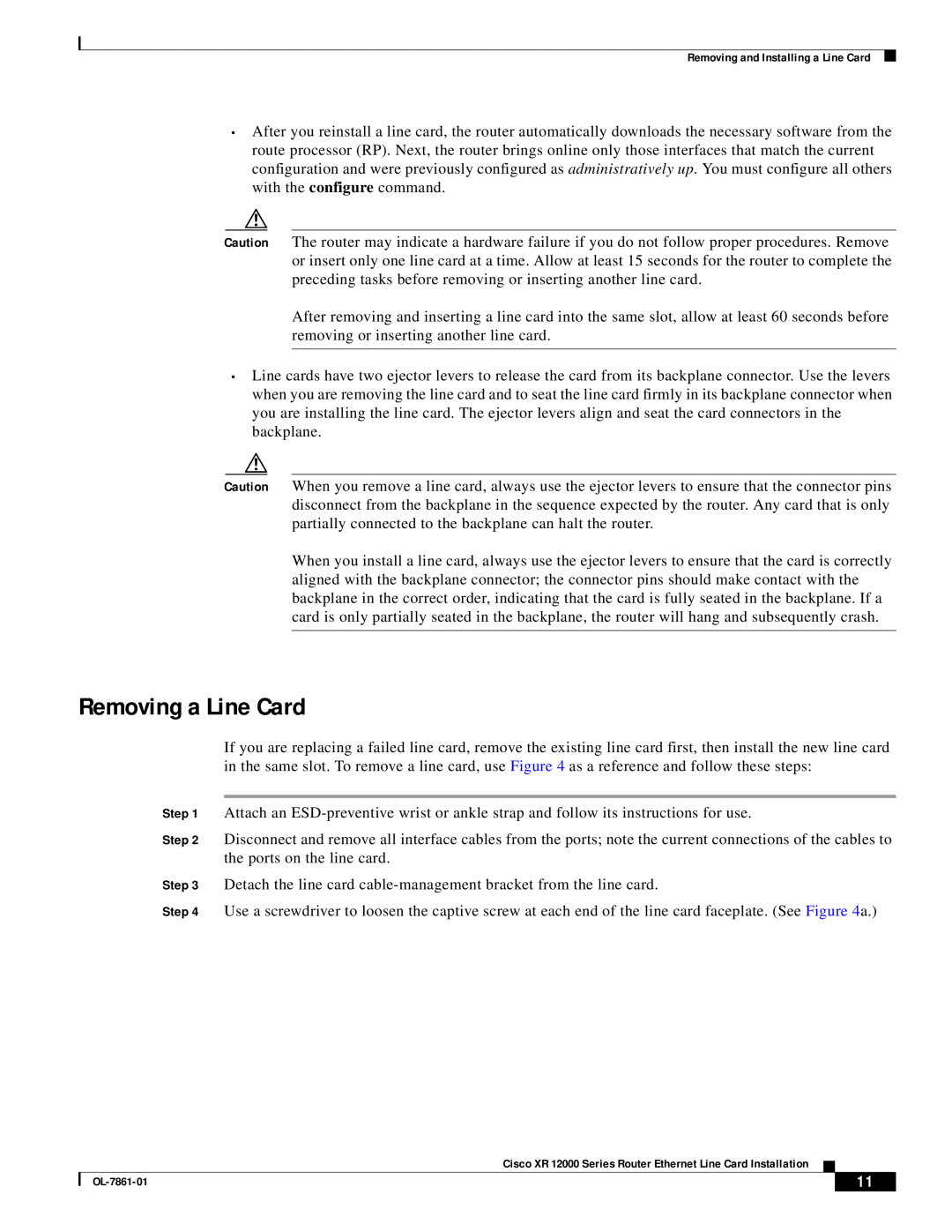 Cisco Systems OL-7861-01 manual Removing a Line Card 
