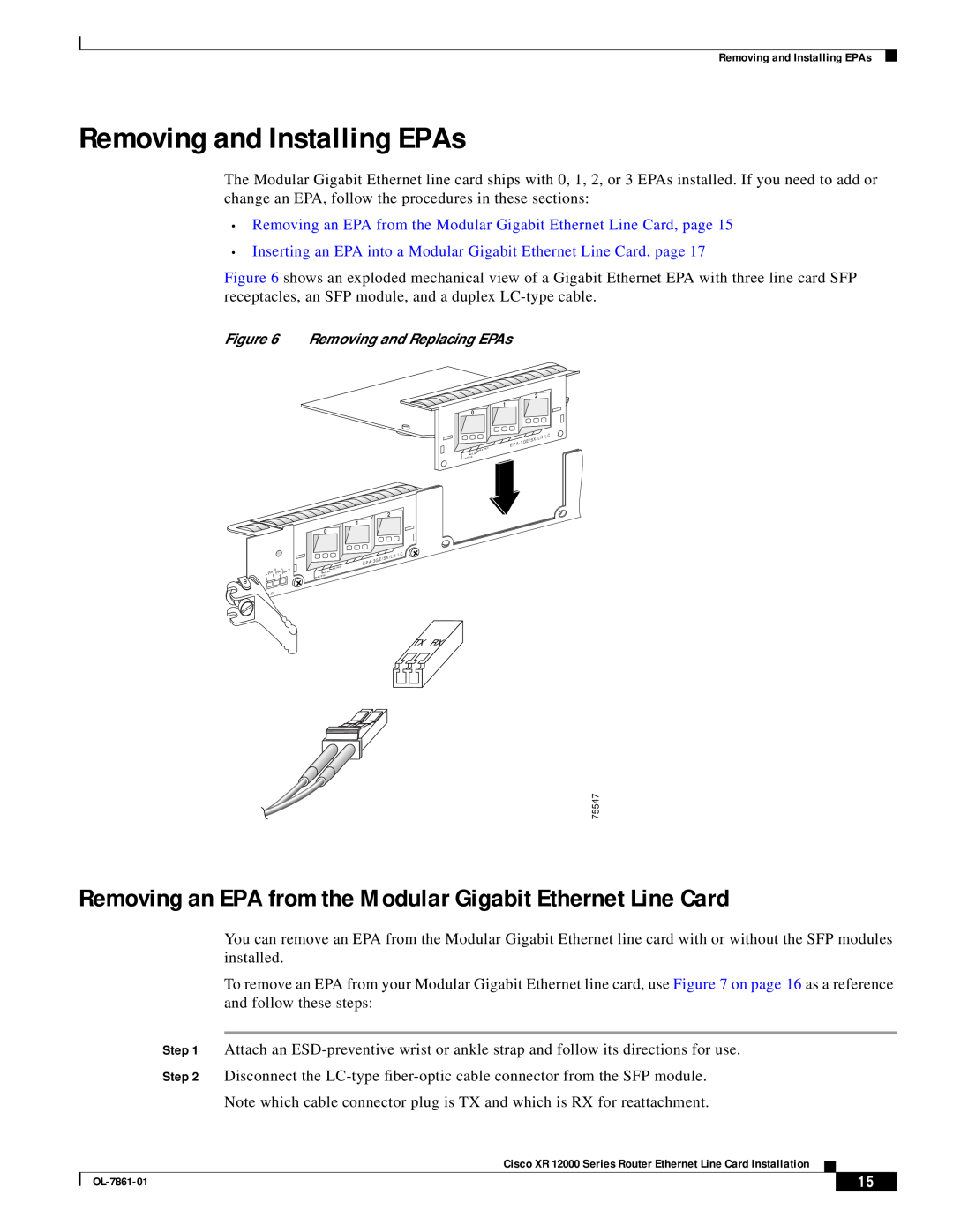 Cisco Systems OL-7861-01 manual Removing and Installing EPAs, Removing an EPA from the Modular Gigabit Ethernet Line Card 