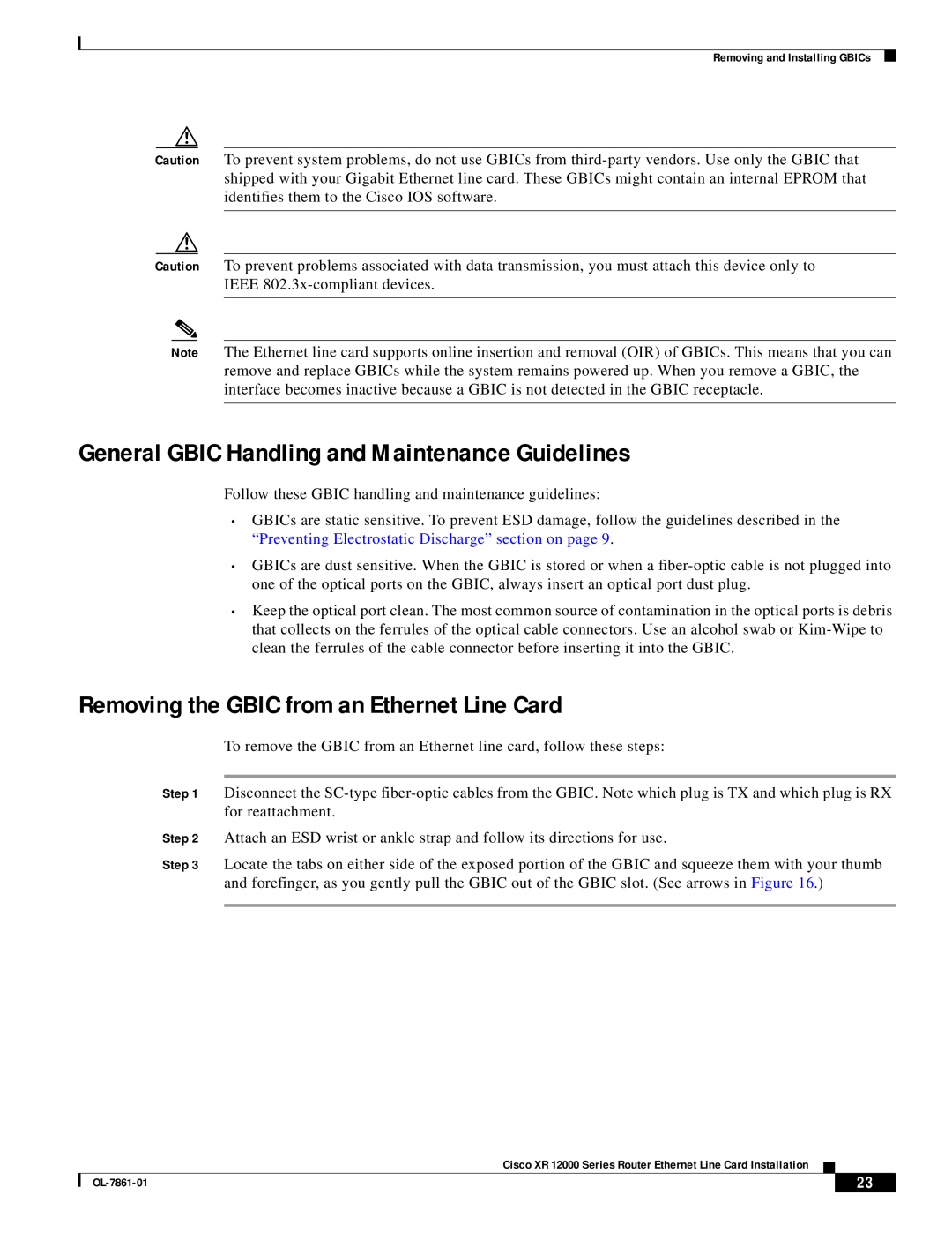 Cisco Systems OL-7861-01 General GBIC Handling and Maintenance Guidelines, Removing the GBIC from an Ethernet Line Card 