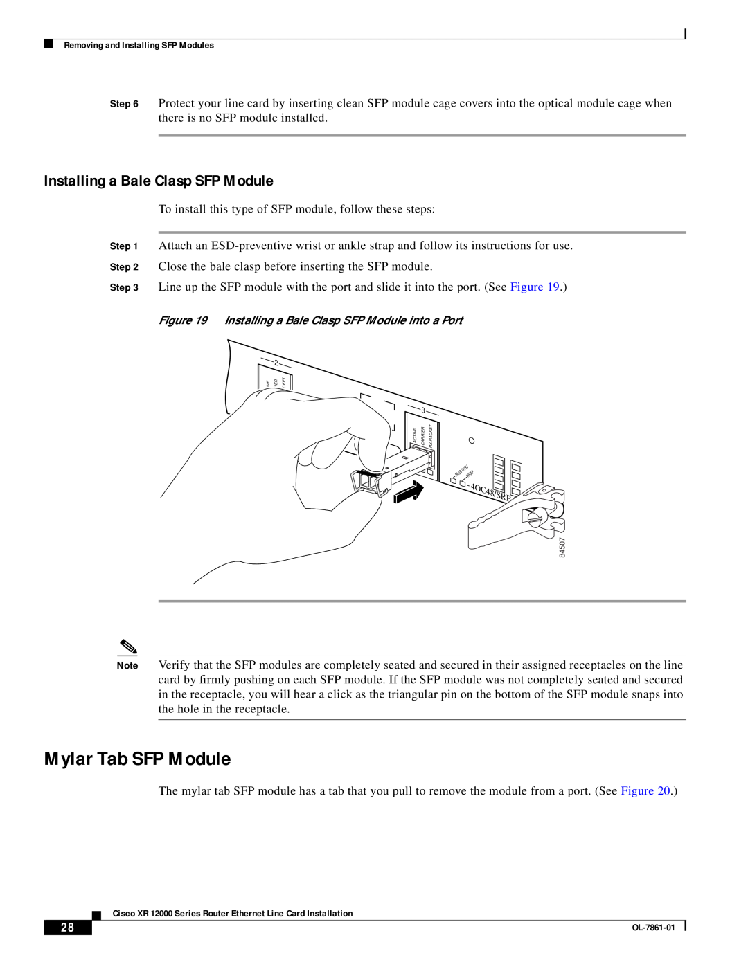 Cisco Systems OL-7861-01 manual Mylar Tab SFP Module, Installing a Bale Clasp SFP Module 