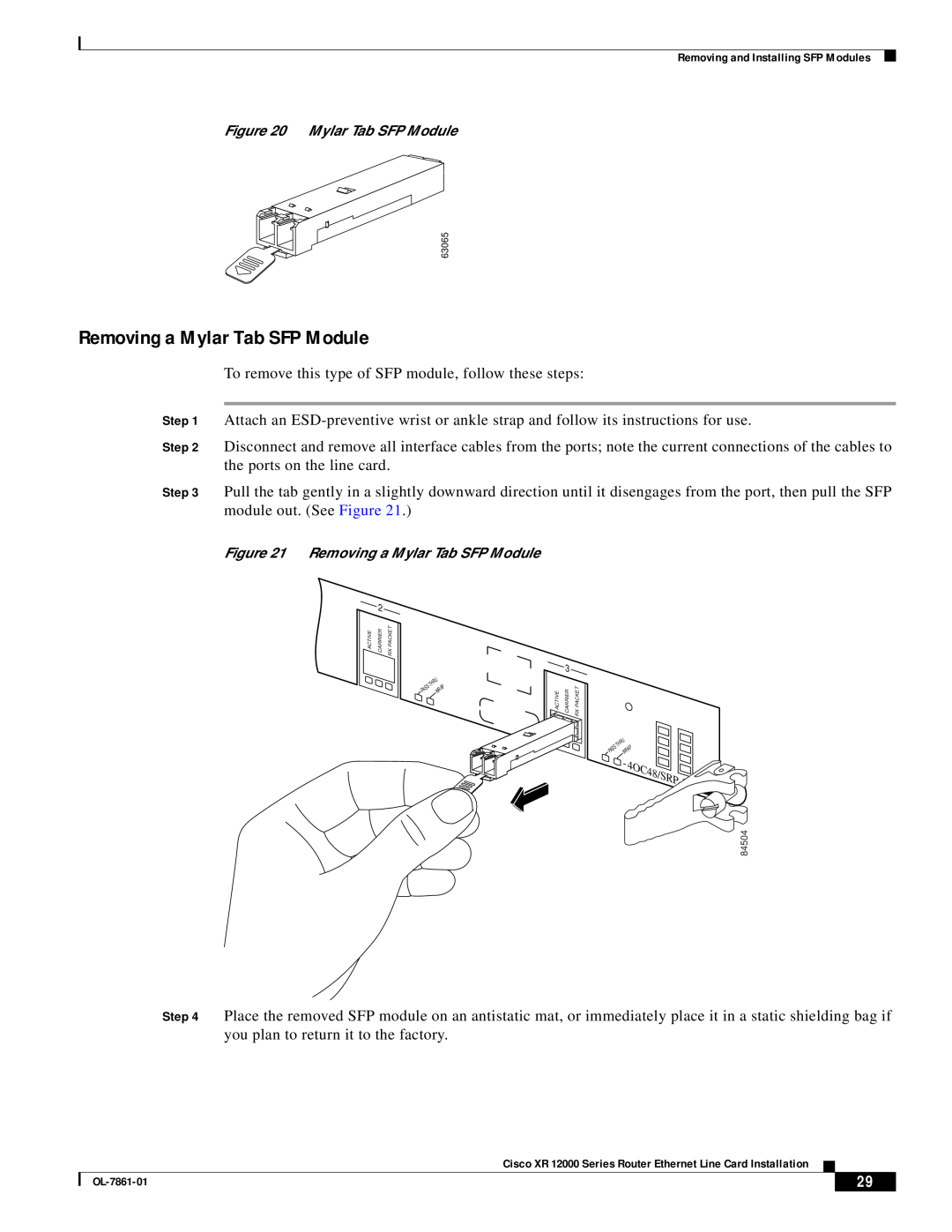 Cisco Systems OL-7861-01 manual Removing a Mylar Tab SFP Module 