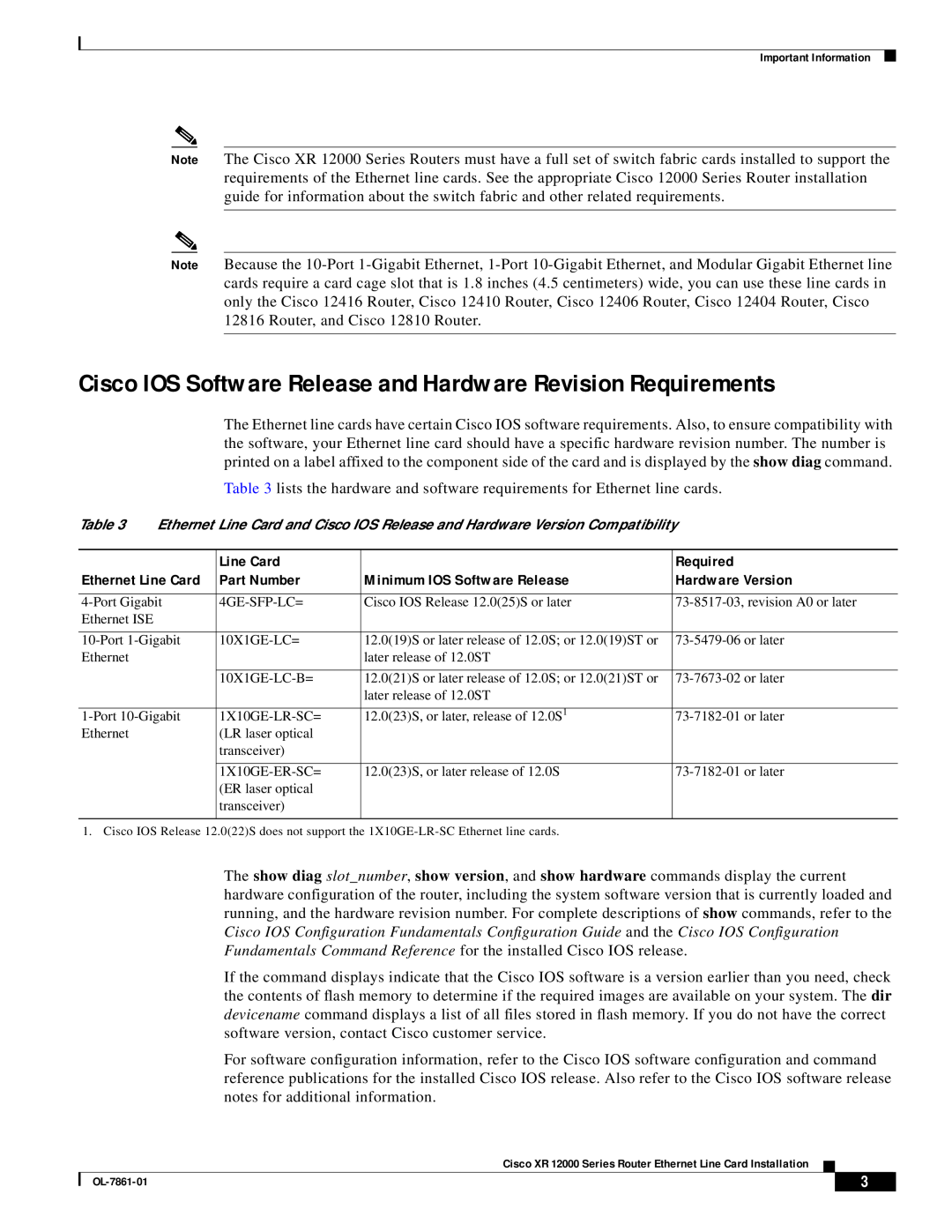 Cisco Systems OL-7861-01 Cisco IOS Software Release and Hardware Revision Requirements, Line Card, Required, Part Number 