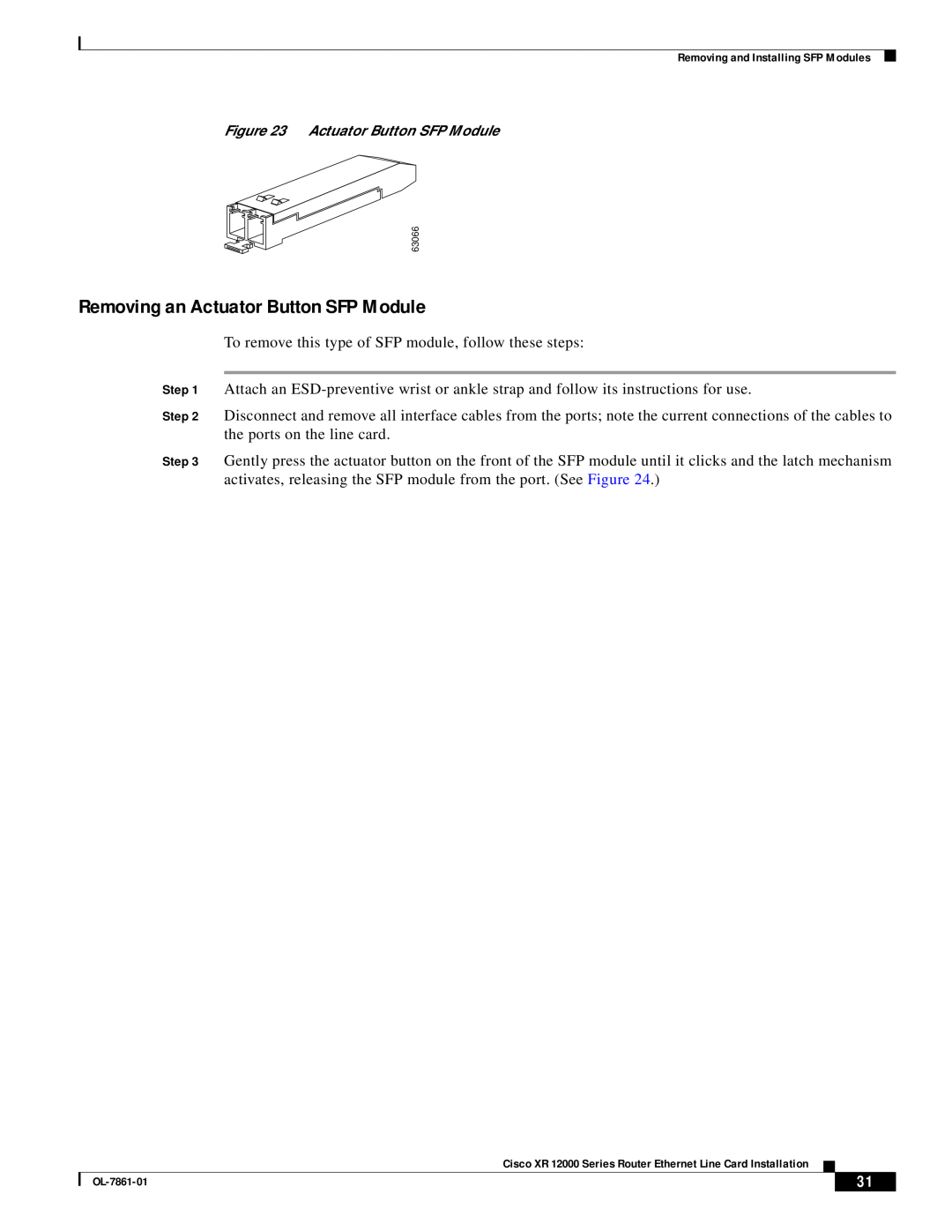 Cisco Systems OL-7861-01 manual Removing an Actuator Button SFP Module 