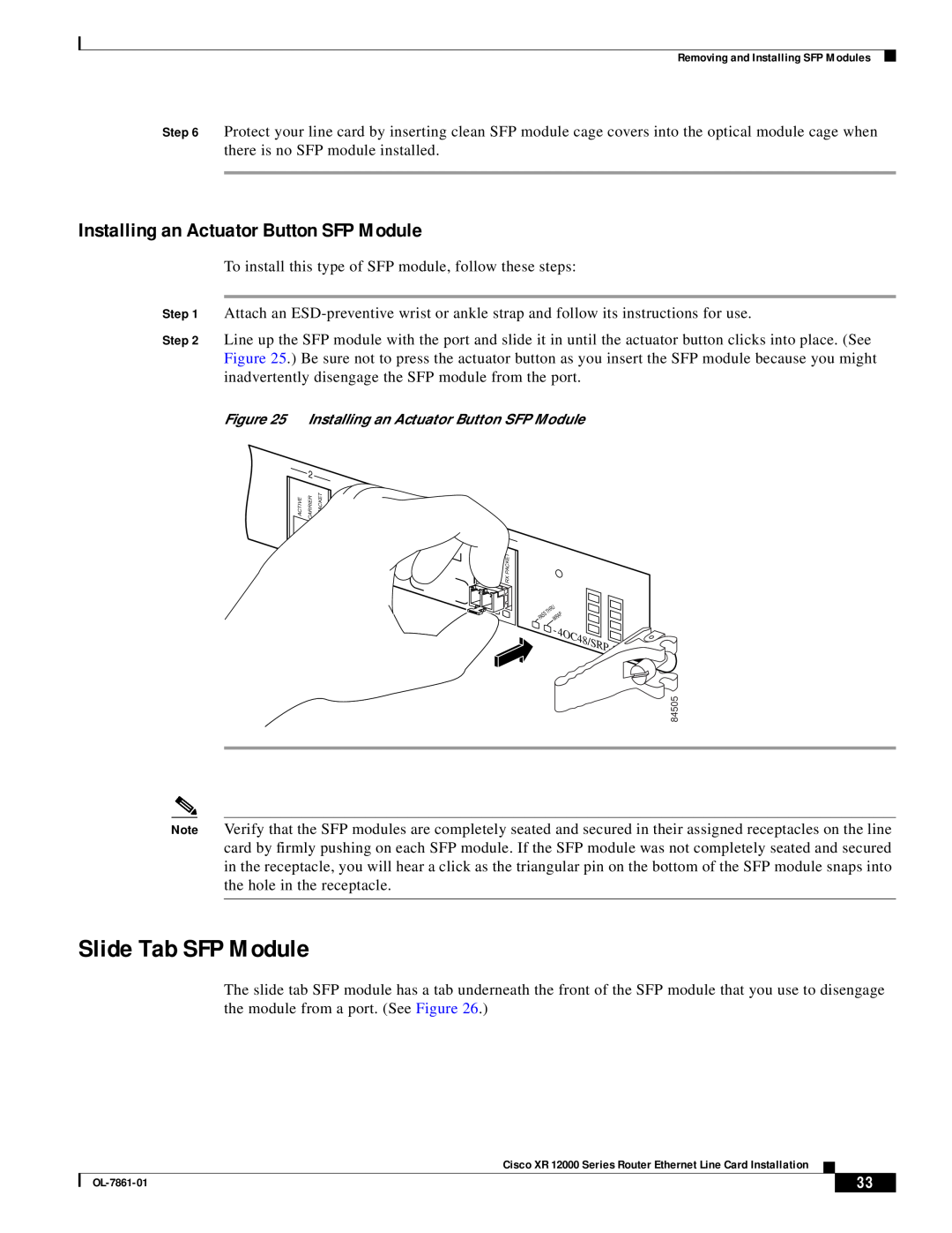 Cisco Systems OL-7861-01 manual Slide Tab SFP Module, Installing an Actuator Button SFP Module 
