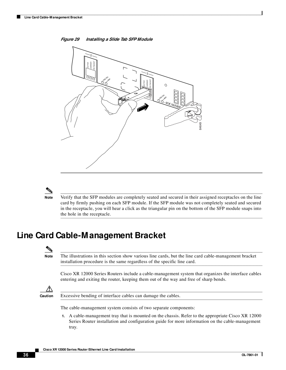Cisco Systems OL-7861-01 manual Line Card Cable-Management Bracket, Installing a Slide Tab SFP Module 