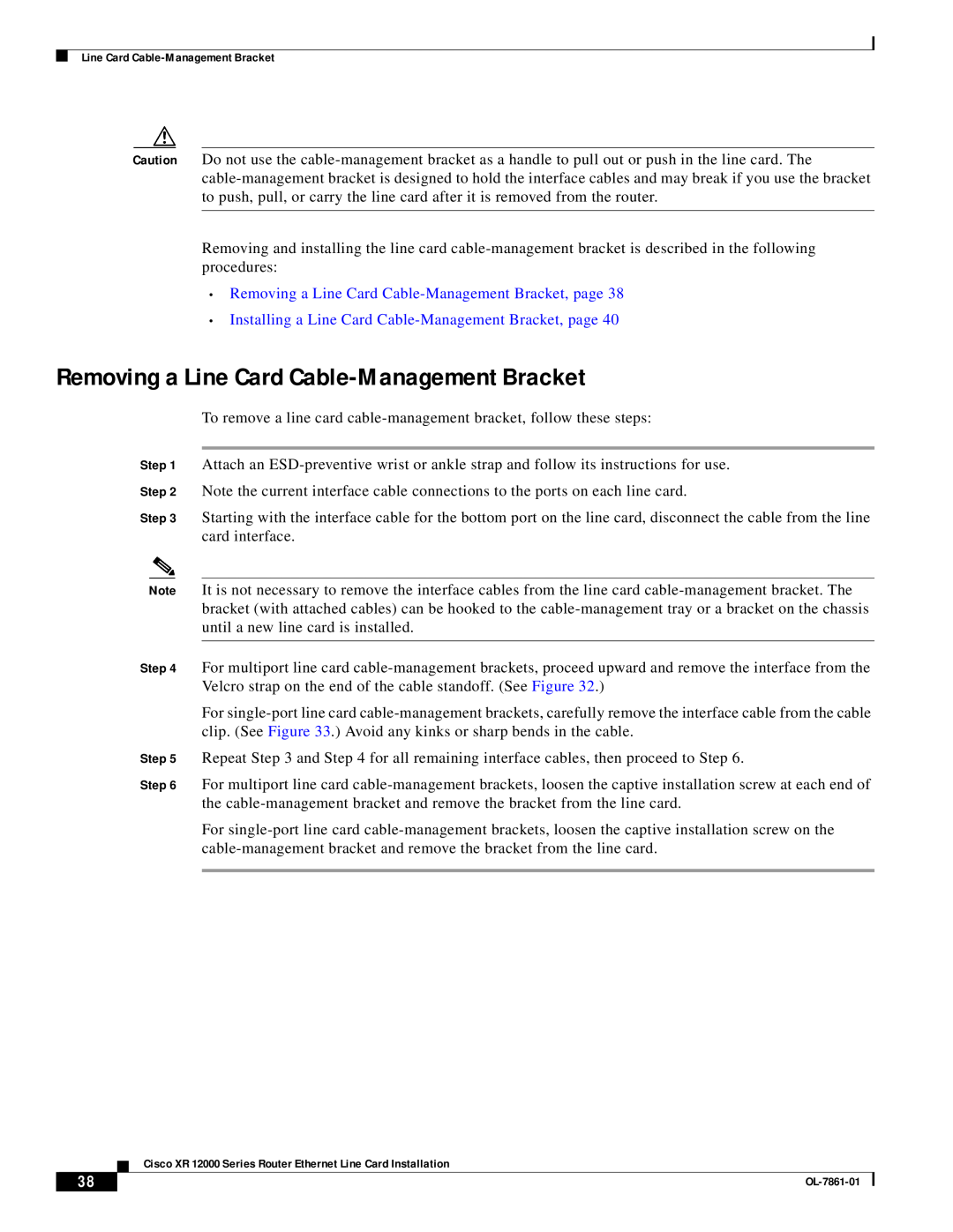 Cisco Systems OL-7861-01 manual Removing a Line Card Cable-Management Bracket 