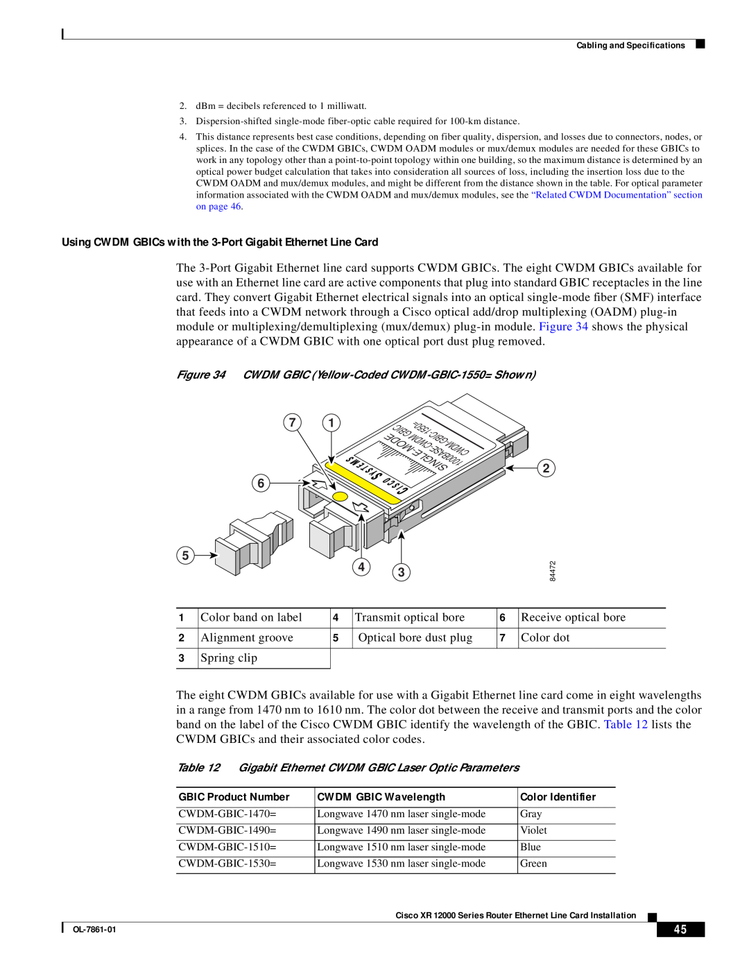 Cisco Systems OL-7861-01 manual Using CWDM GBICs with the 3-Port Gigabit Ethernet Line Card, GBIC Product Number 
