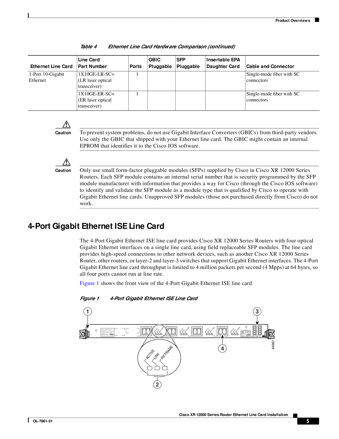 Cisco Systems OL-7861-01 manual Port Gigabit Ethernet ISE Line Card, Ethernet Line Card Hardware Comparison continued 