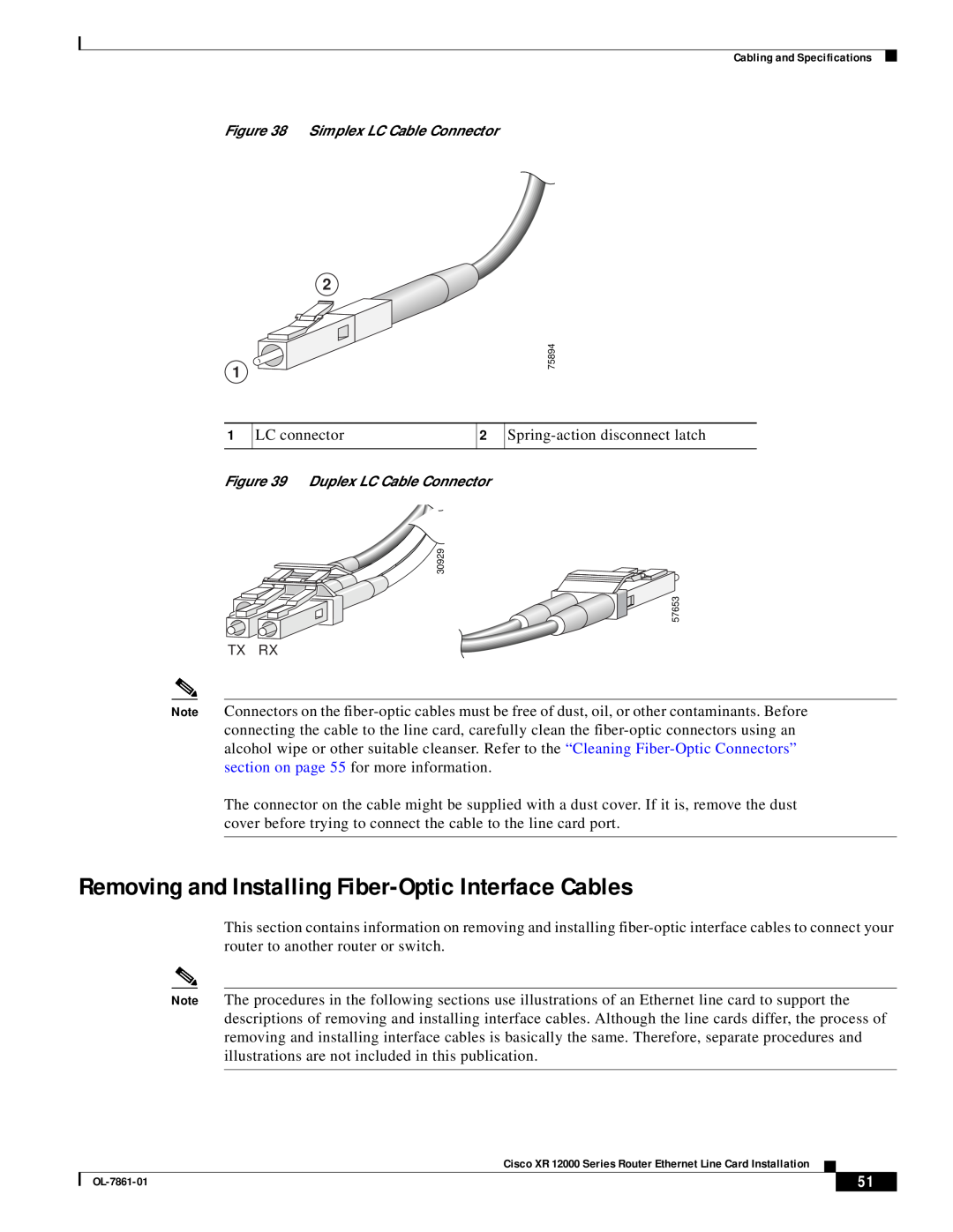 Cisco Systems OL-7861-01 manual Removing and Installing Fiber-Optic Interface Cables 