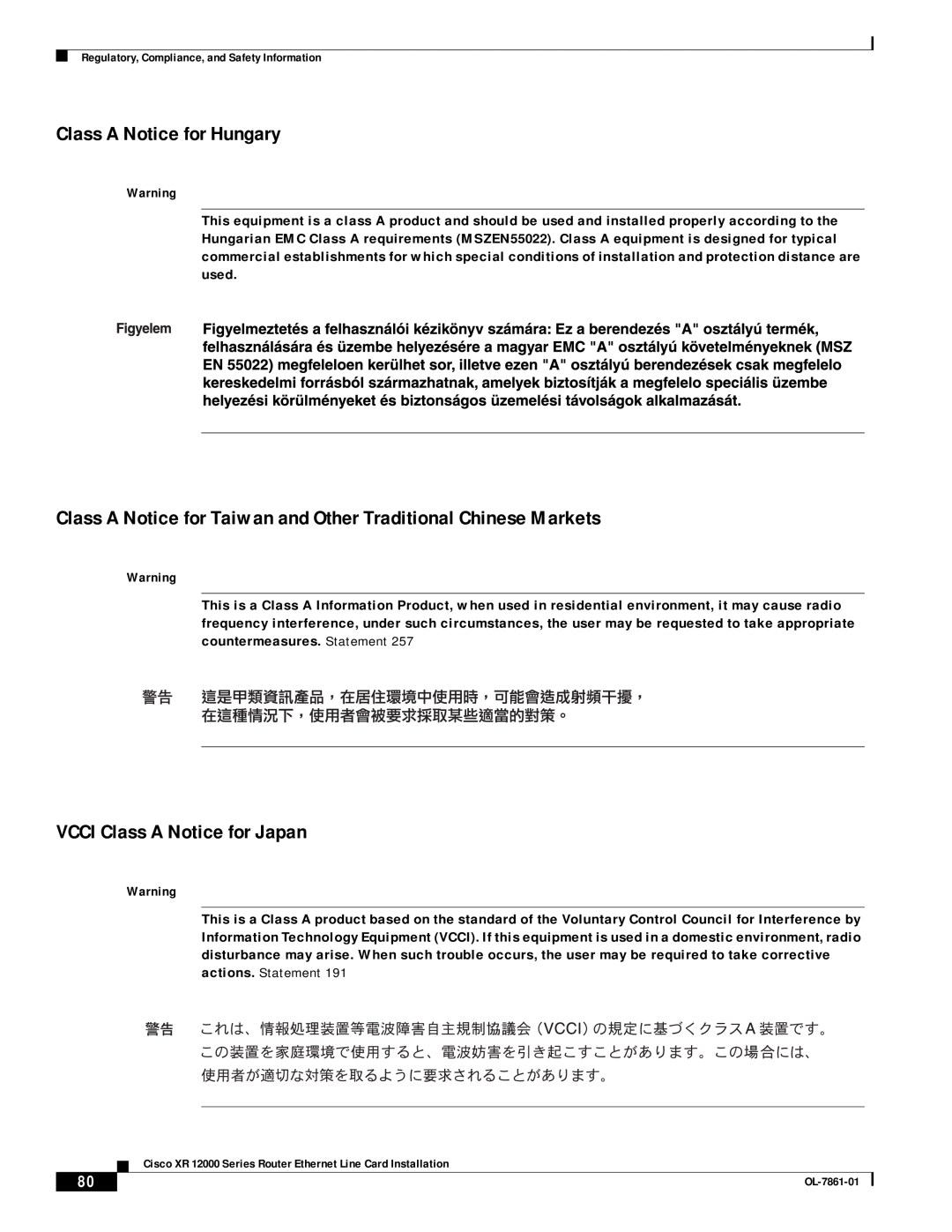 Cisco Systems OL-7861-01 manual Class A Notice for Hungary, Class A Notice for Taiwan and Other Traditional Chinese Markets 