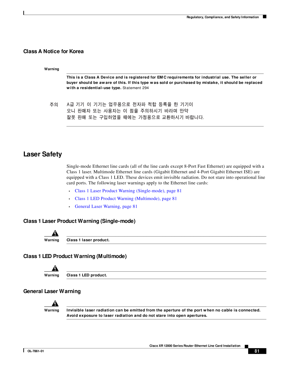 Cisco Systems OL-7861-01 manual Laser Safety, Class A Notice for Korea, Class 1 Laser Product Warning Single-mode 