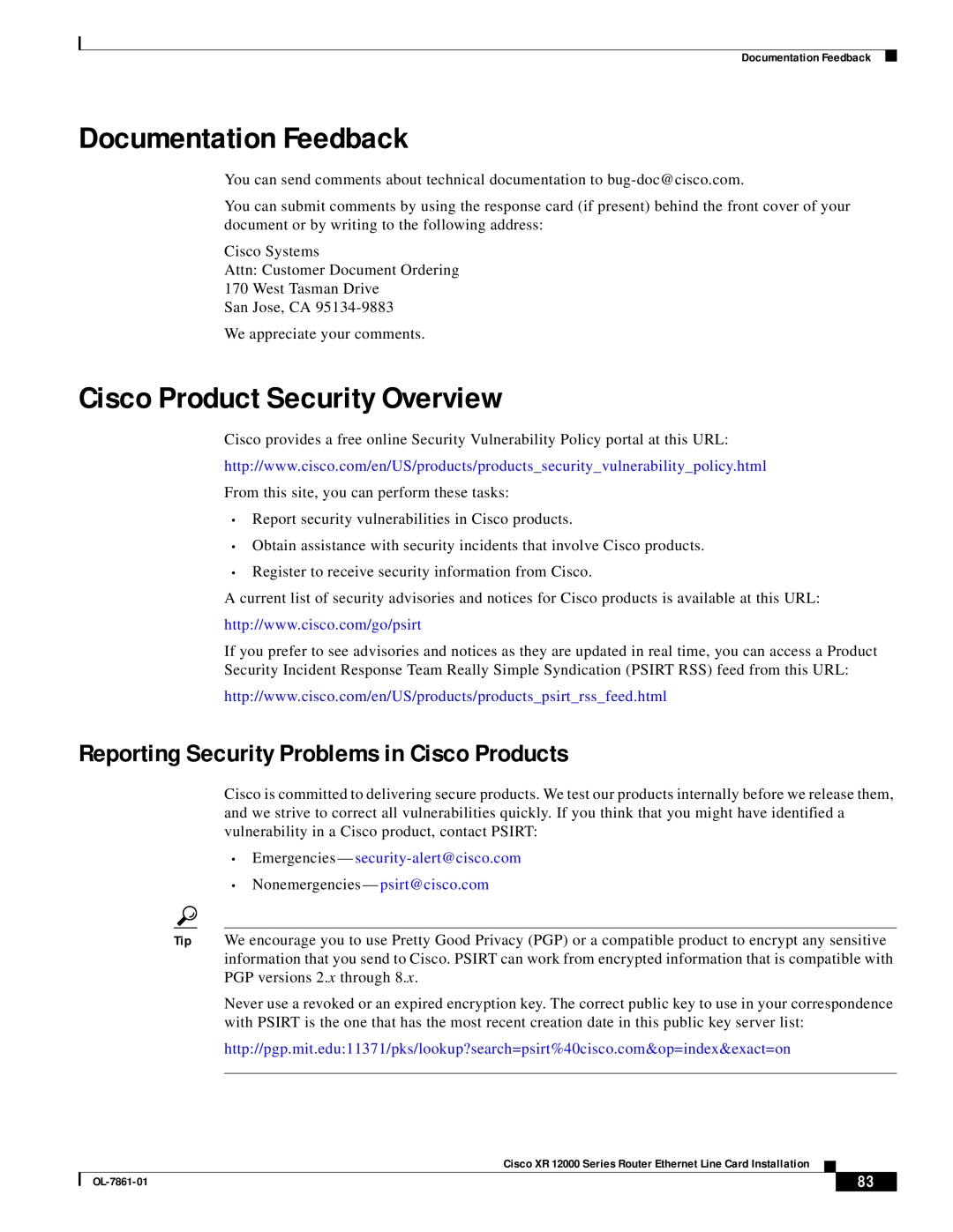 Cisco Systems OL-7861-01 Documentation Feedback, Cisco Product Security Overview, Emergencies - security-alert@cisco.com 