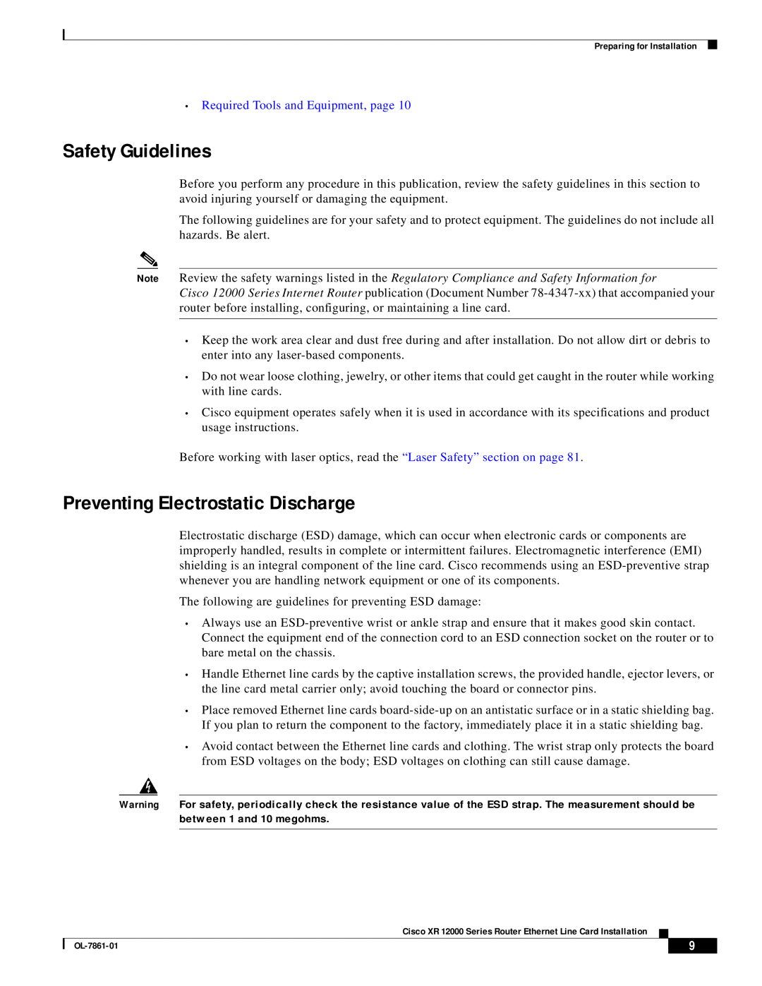 Cisco Systems OL-7861-01 manual Safety Guidelines, Preventing Electrostatic Discharge, Required Tools and Equipment, page 