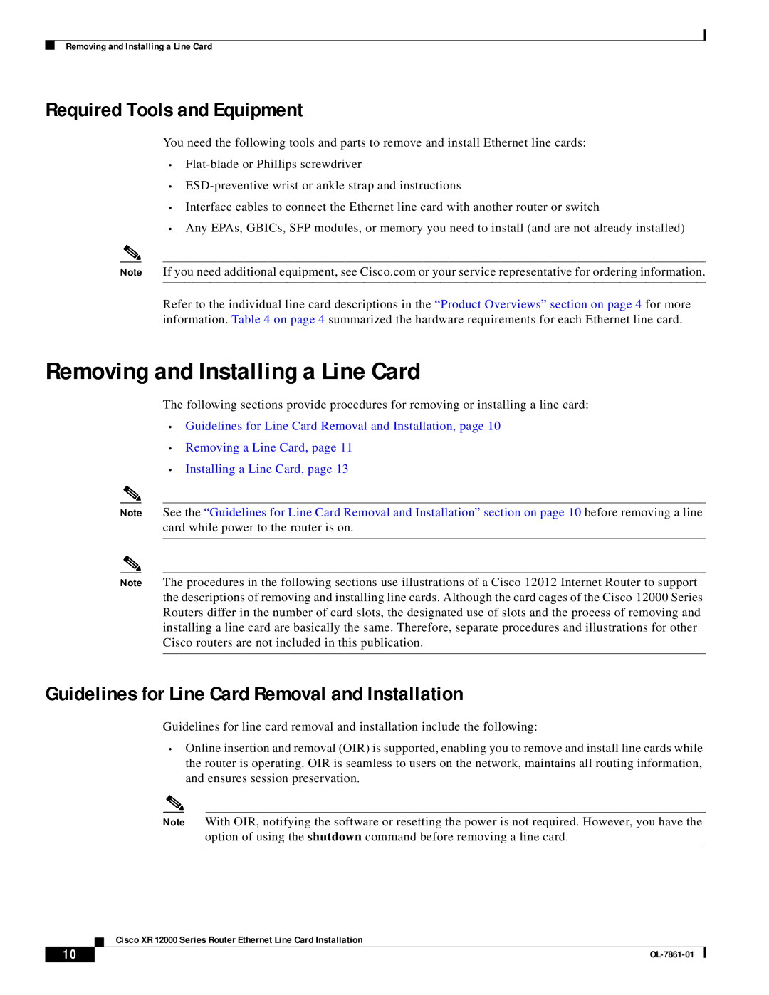 Cisco Systems OL-7861-01 manual Removing and Installing a Line Card, Required Tools and Equipment 