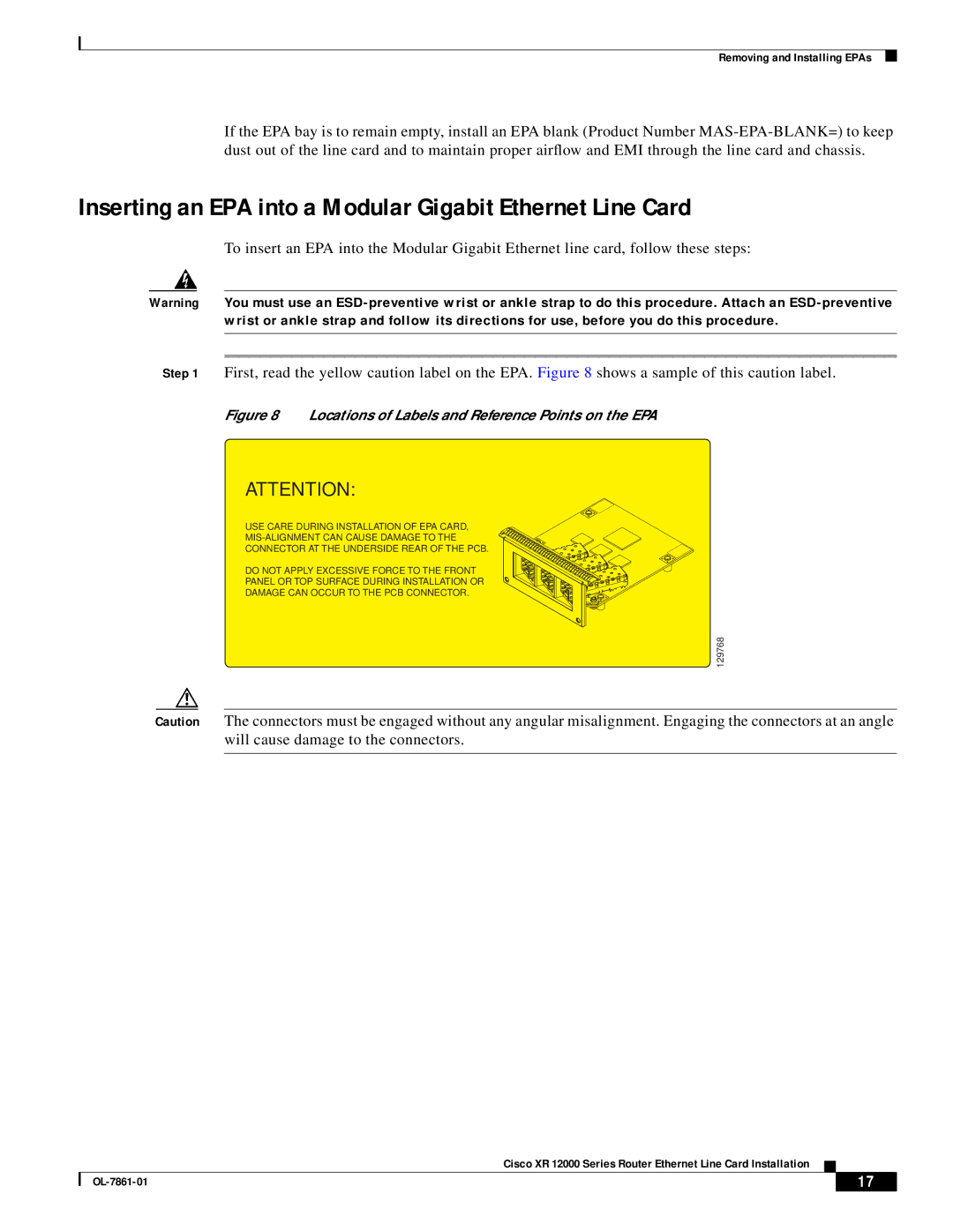 Cisco Systems OL-7861-01 manual Inserting an EPA into a Modular Gigabit Ethernet Line Card 