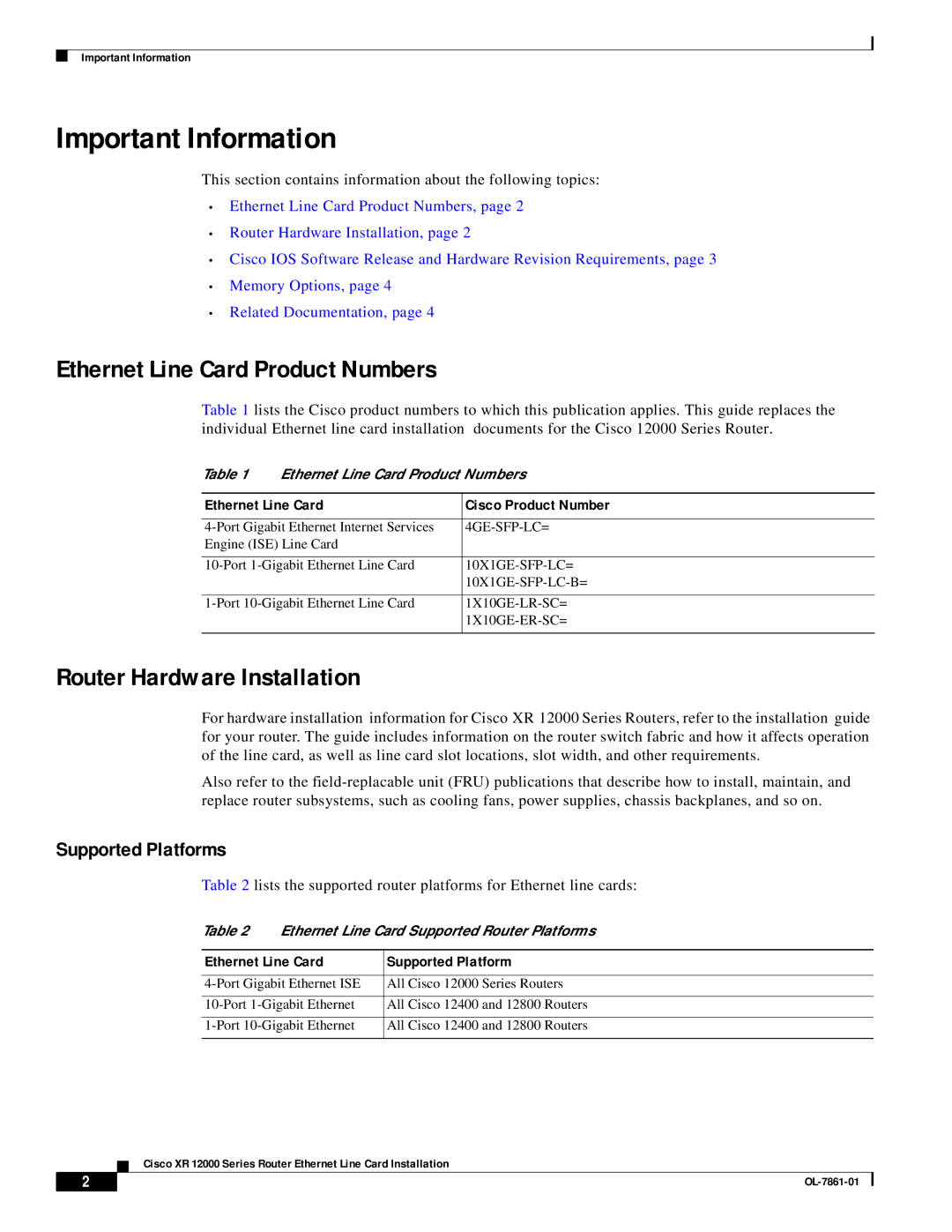 Cisco Systems OL-7861-01 manual Important Information, Ethernet Line Card Product Numbers, Router Hardware Installation 