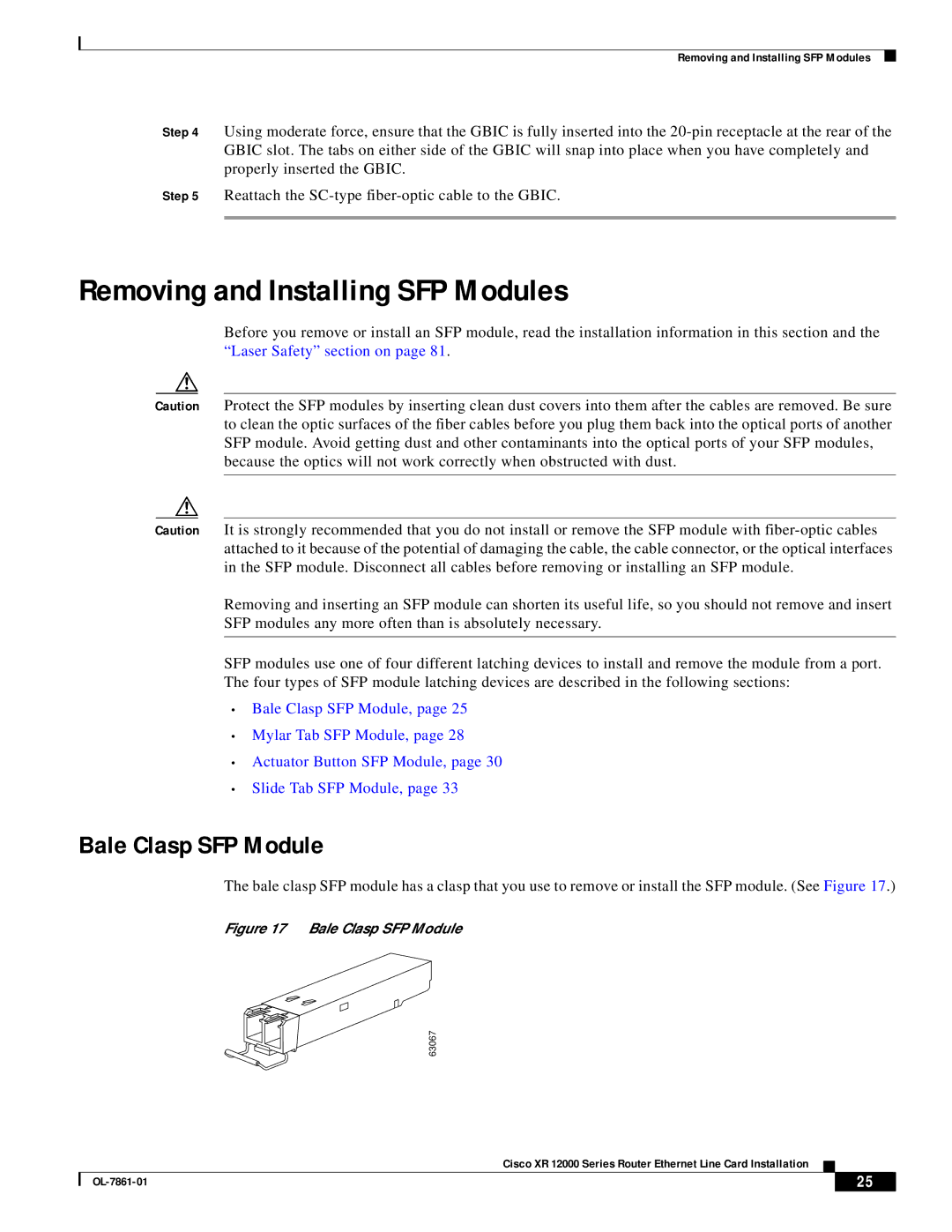 Cisco Systems OL-7861-01 manual Removing and Installing SFP Modules, Bale Clasp SFP Module 