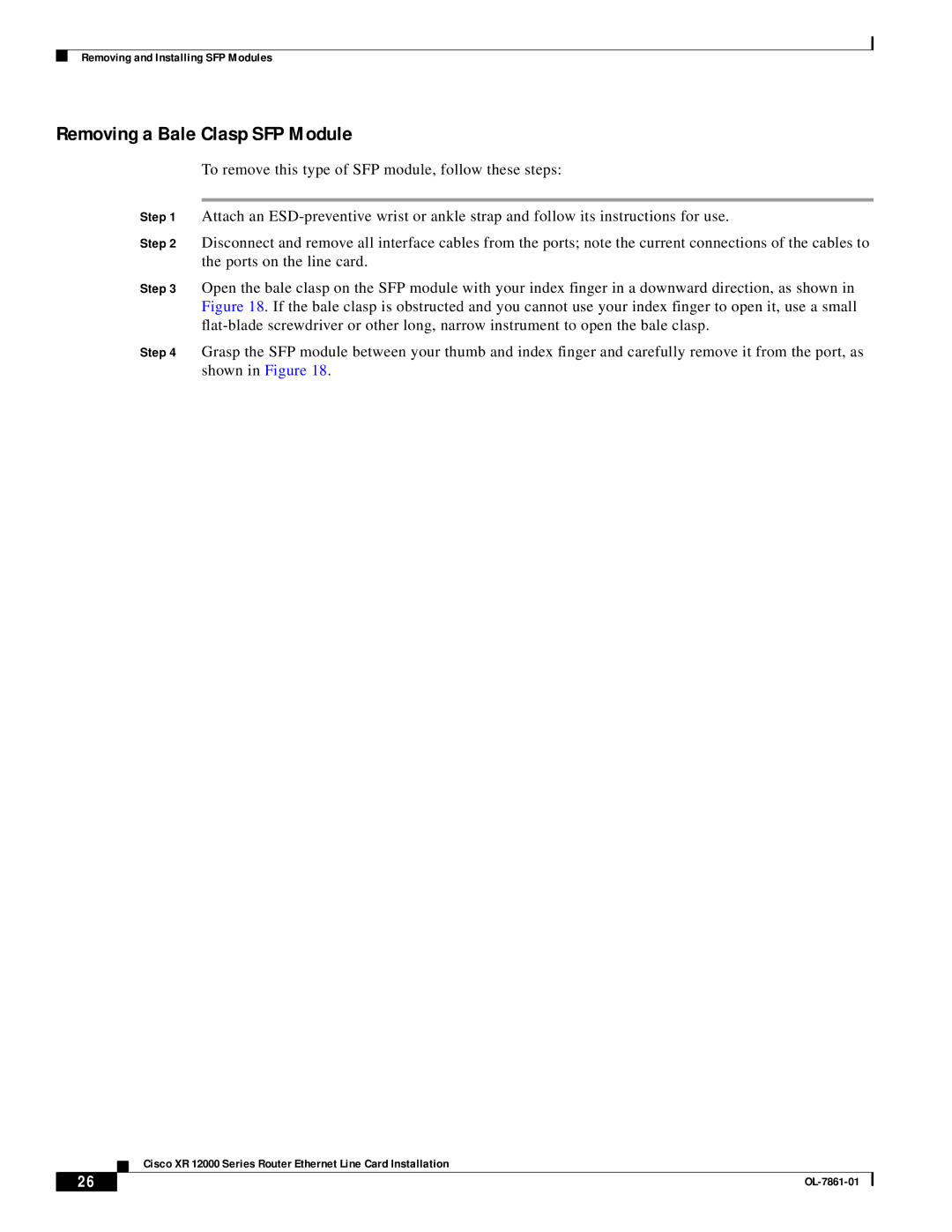 Cisco Systems OL-7861-01 manual Removing a Bale Clasp SFP Module 