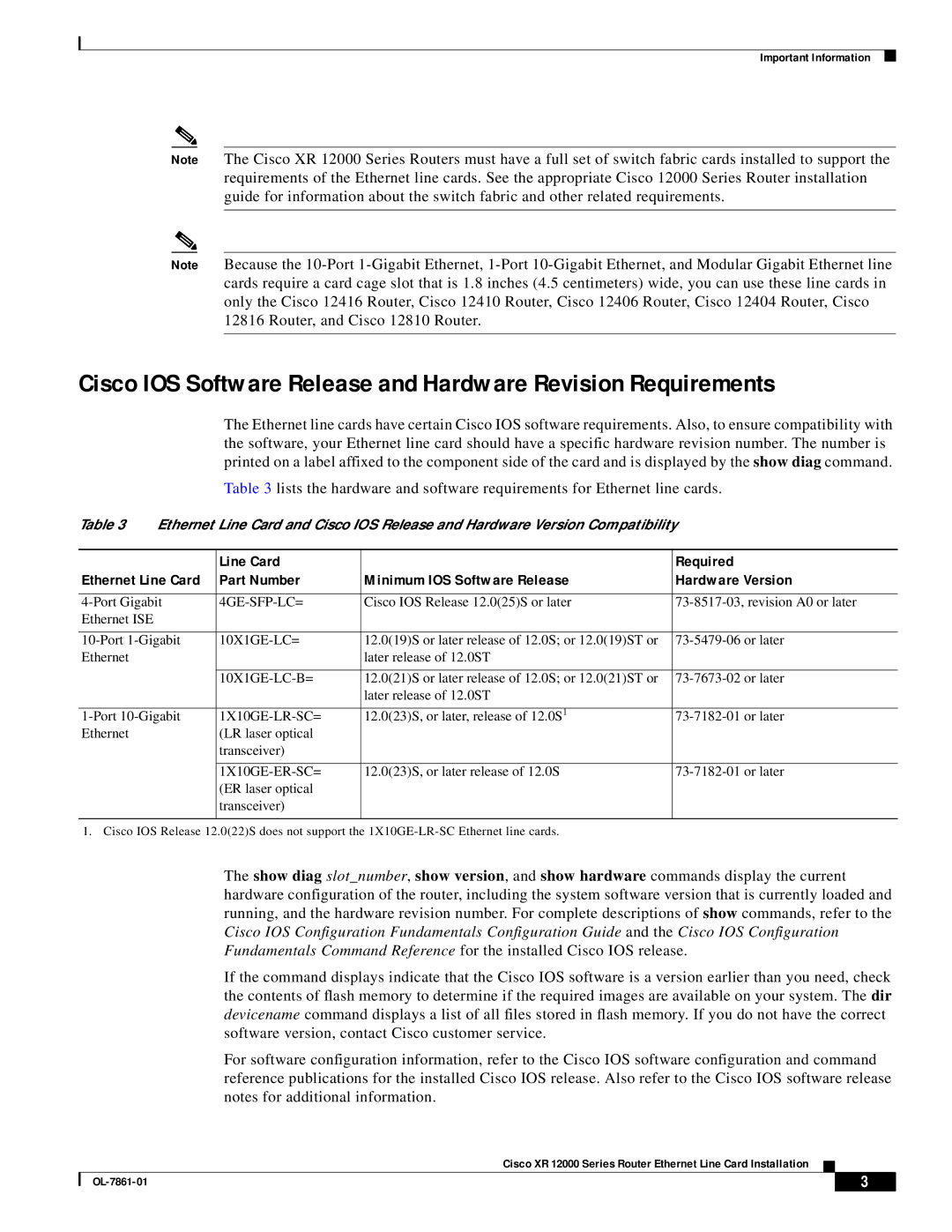 Cisco Systems OL-7861-01 manual Line Card Required, Part Number Minimum IOS Software Release Hardware Version 