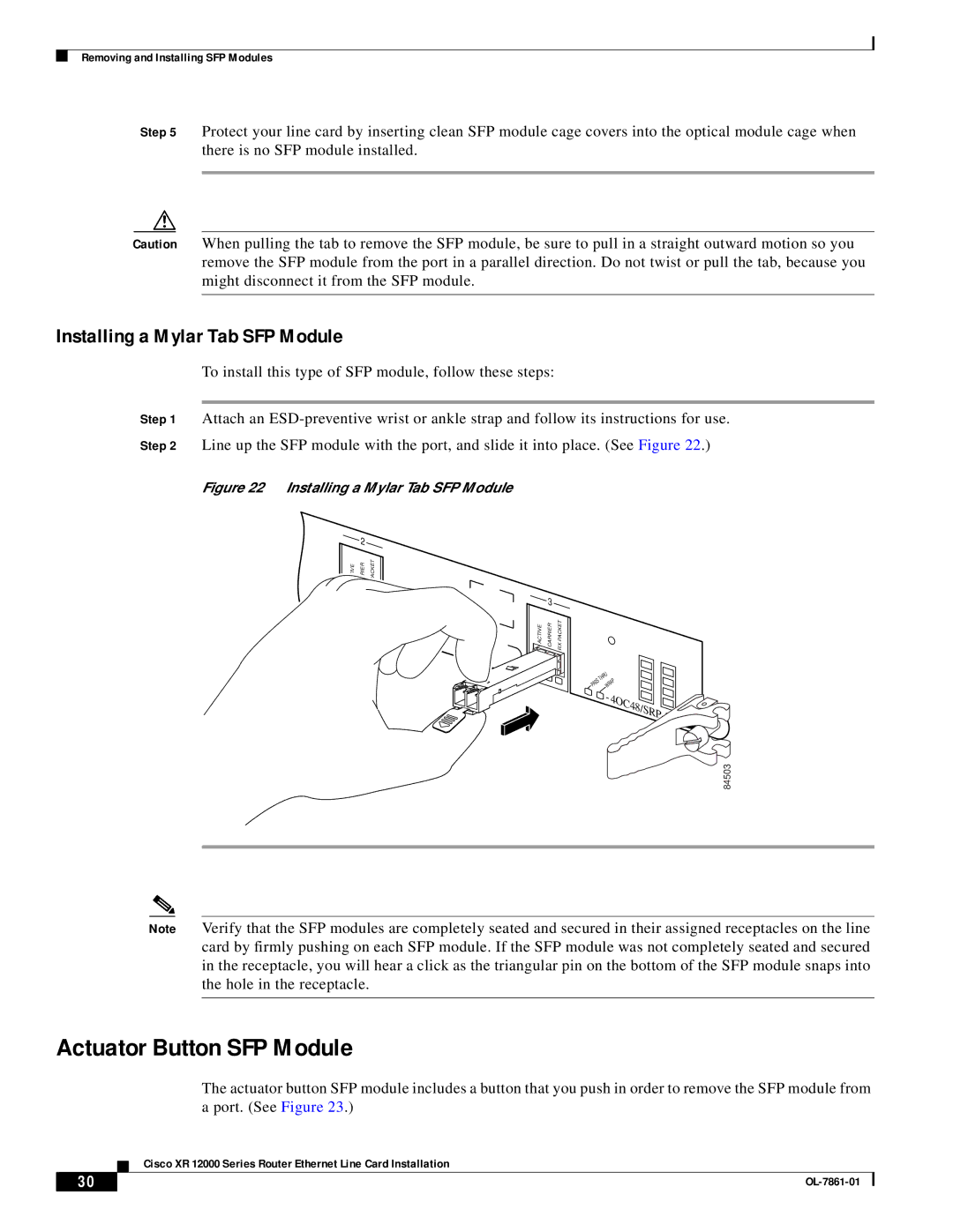 Cisco Systems OL-7861-01 manual Actuator Button SFP Module, Installing a Mylar Tab SFP Module 