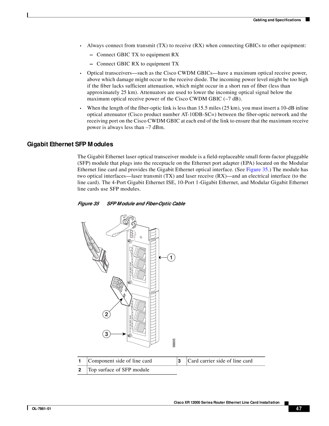 Cisco Systems OL-7861-01 manual Gigabit Ethernet SFP Modules, Card carrier side of line card 