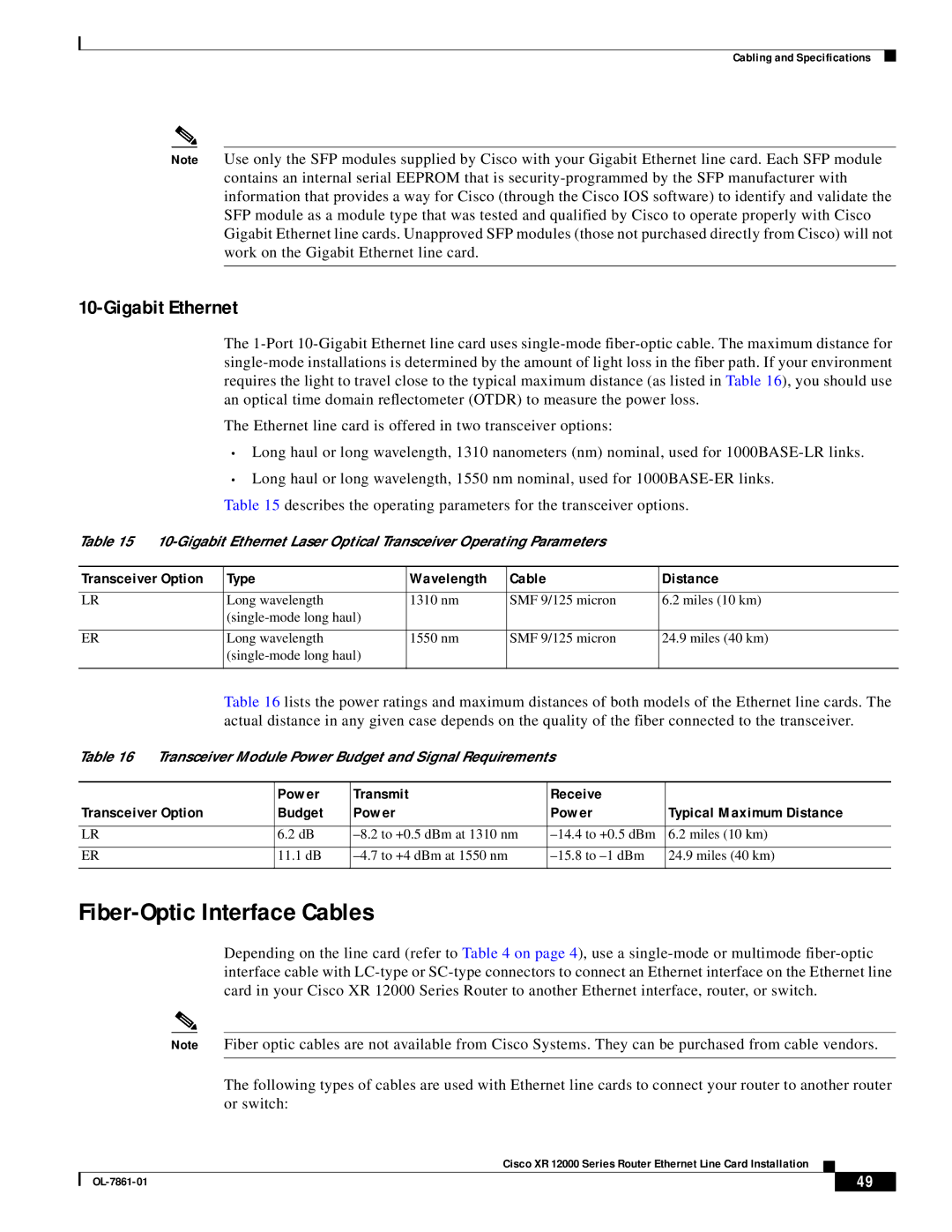 Cisco Systems OL-7861-01 manual Fiber-Optic Interface Cables, Gigabit Ethernet, Transceiver Option Type Wavelength 