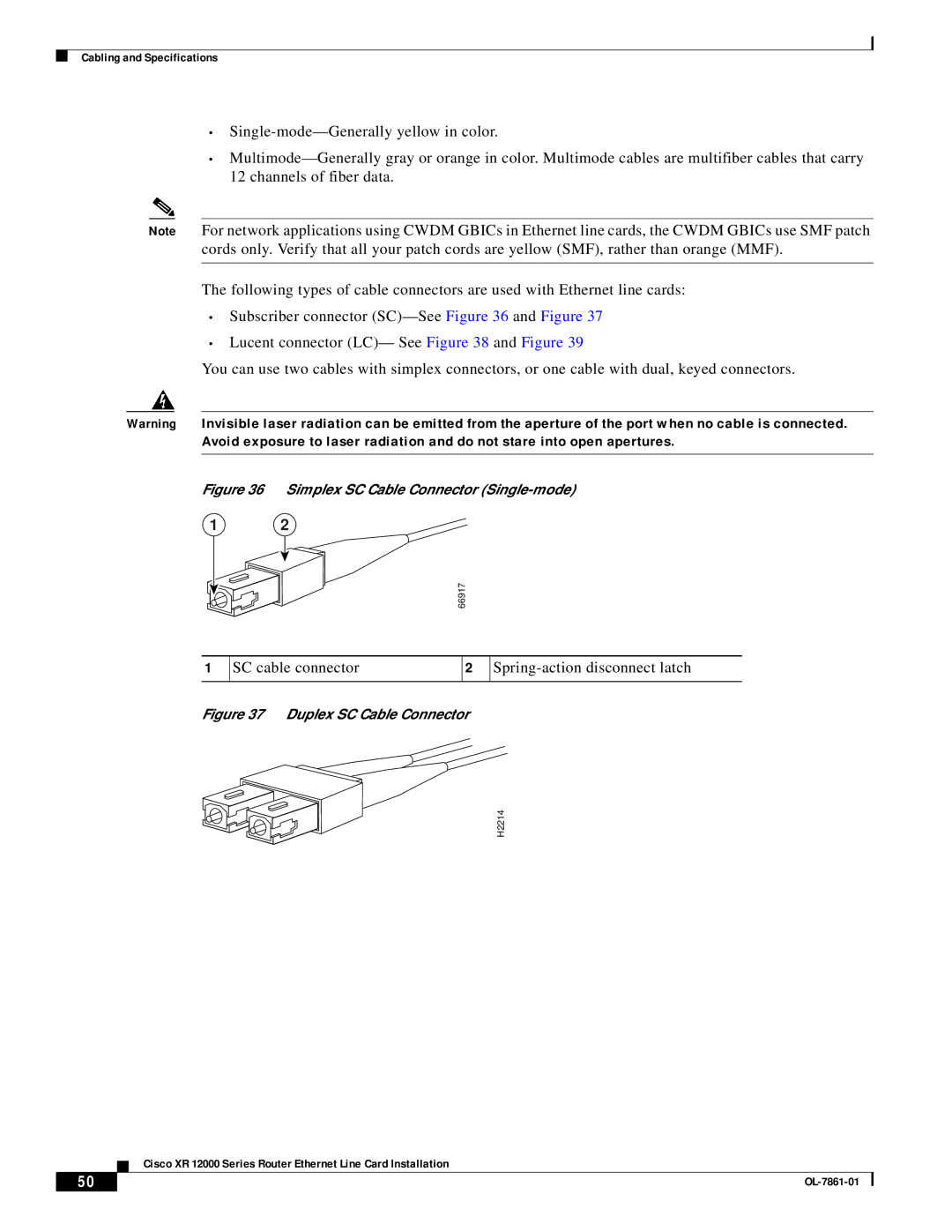 Cisco Systems OL-7861-01 manual SC cable connector Spring-action disconnect latch 