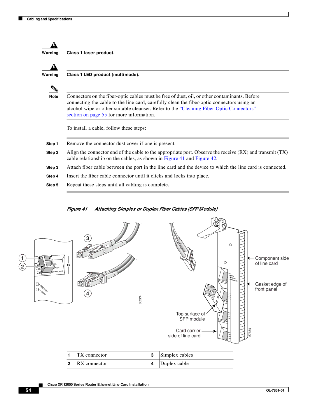 Cisco Systems OL-7861-01 manual TX connector Simplex cables RX connector Duplex cable 