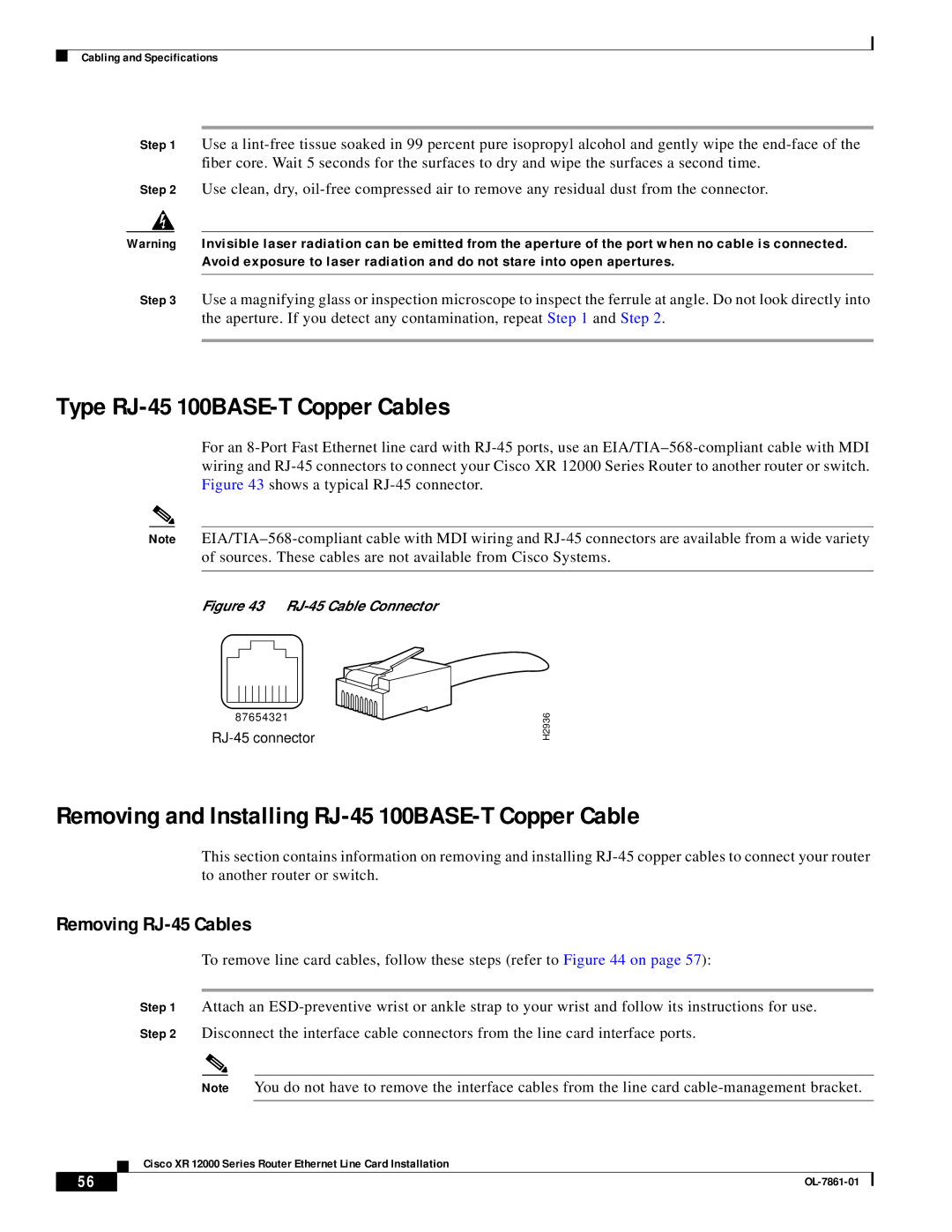 Cisco Systems OL-7861-01 manual Type RJ-45 100BASE-T Copper Cables, Removing and Installing RJ-45 100BASE-T Copper Cable 