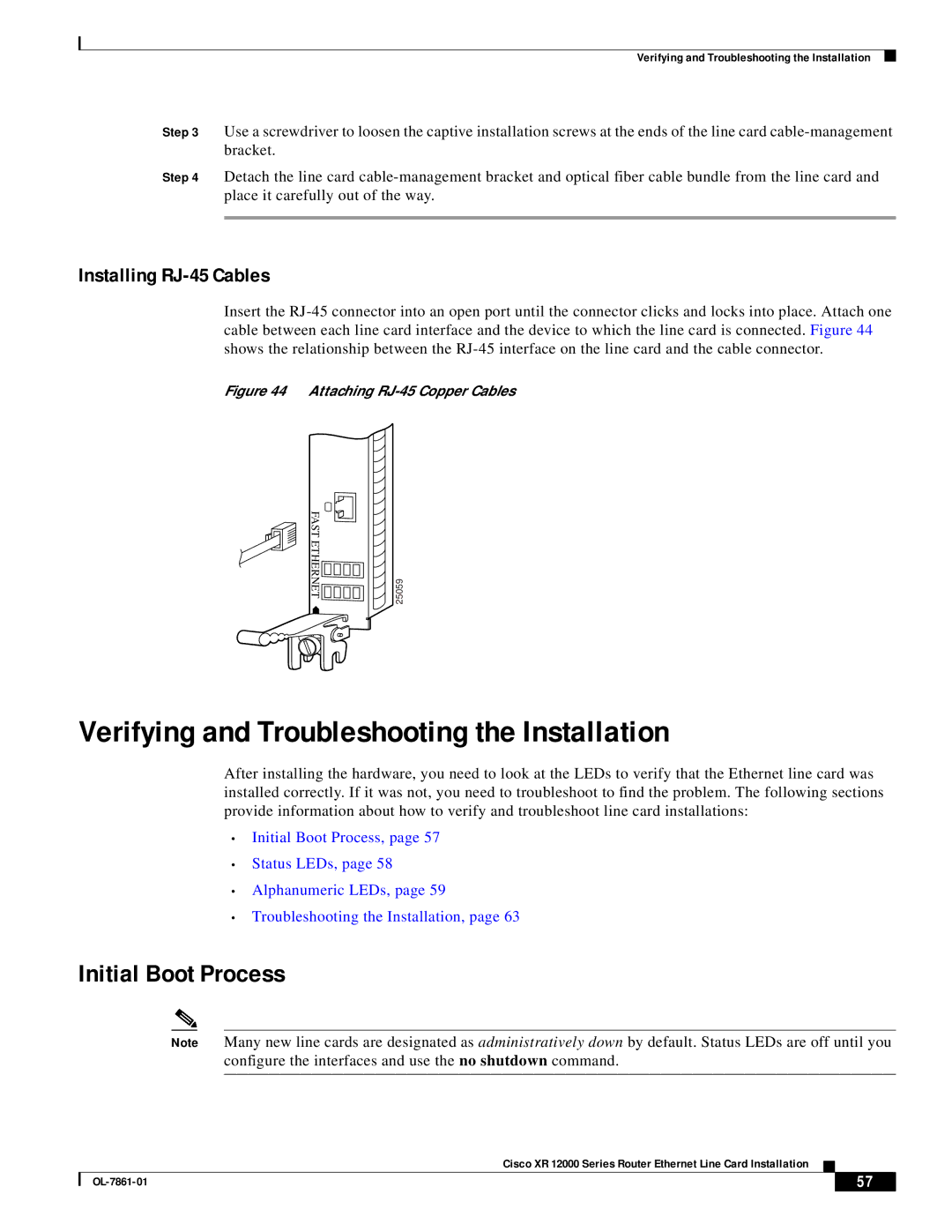 Cisco Systems OL-7861-01 Verifying and Troubleshooting the Installation, Initial Boot Process, Installing RJ-45 Cables 