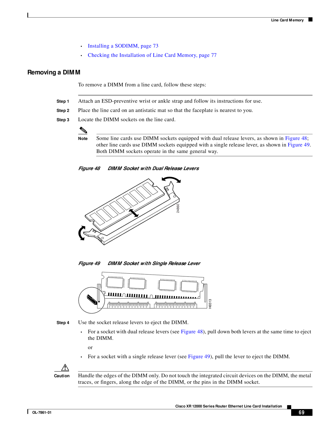 Cisco Systems OL-7861-01 manual Removing a Dimm, Dimm Socket with Dual Release Levers 