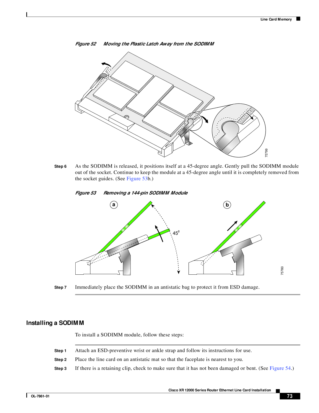 Cisco Systems OL-7861-01 manual Installing a Sodimm, Moving the Plastic Latch Away from the Sodimm 