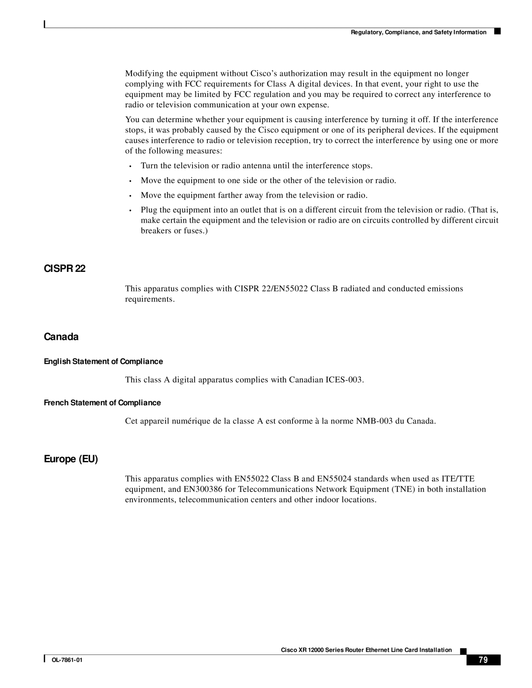 Cisco Systems OL-7861-01 manual Canada, Europe EU 