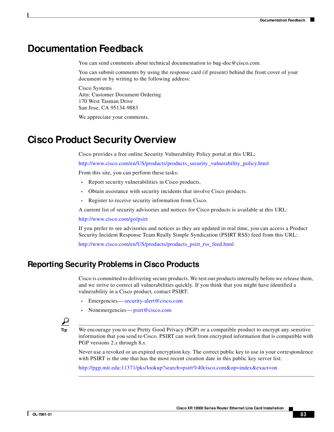 Cisco Systems OL-7861-01 manual Documentation Feedback, Cisco Product Security Overview 