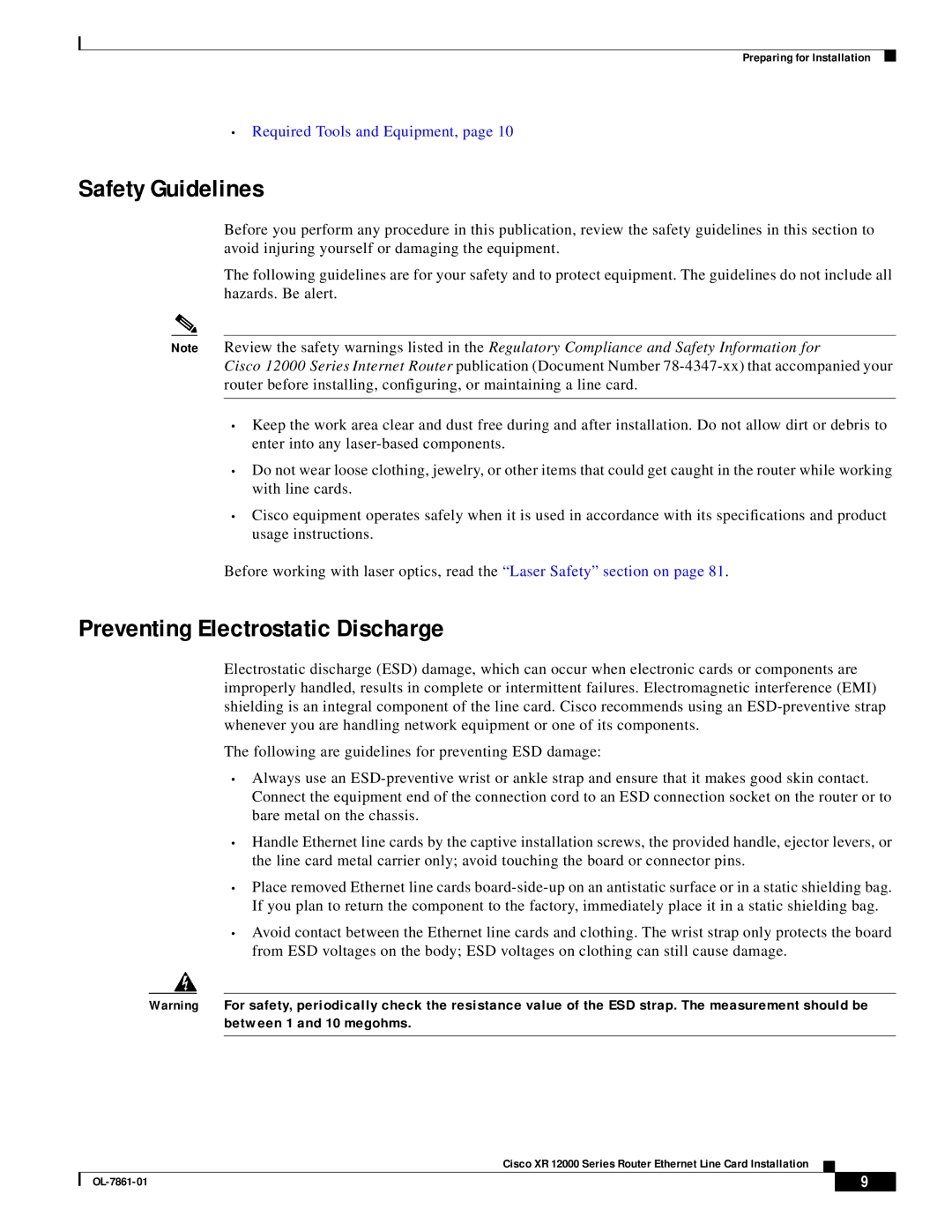 Cisco Systems OL-7861-01 manual Safety Guidelines, Preventing Electrostatic Discharge 