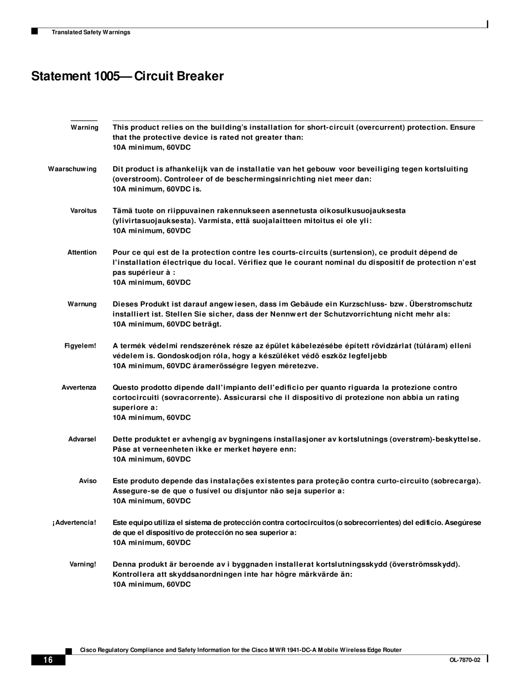 Cisco Systems OL-7870-02 manual Statement 1005-Circuit Breaker, 10A minimum, 60VDC 