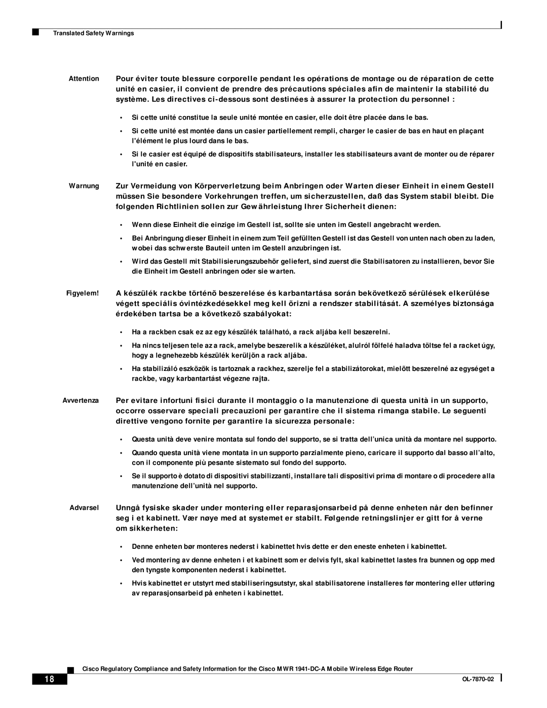 Cisco Systems OL-7870-02 manual Translated Safety Warnings 