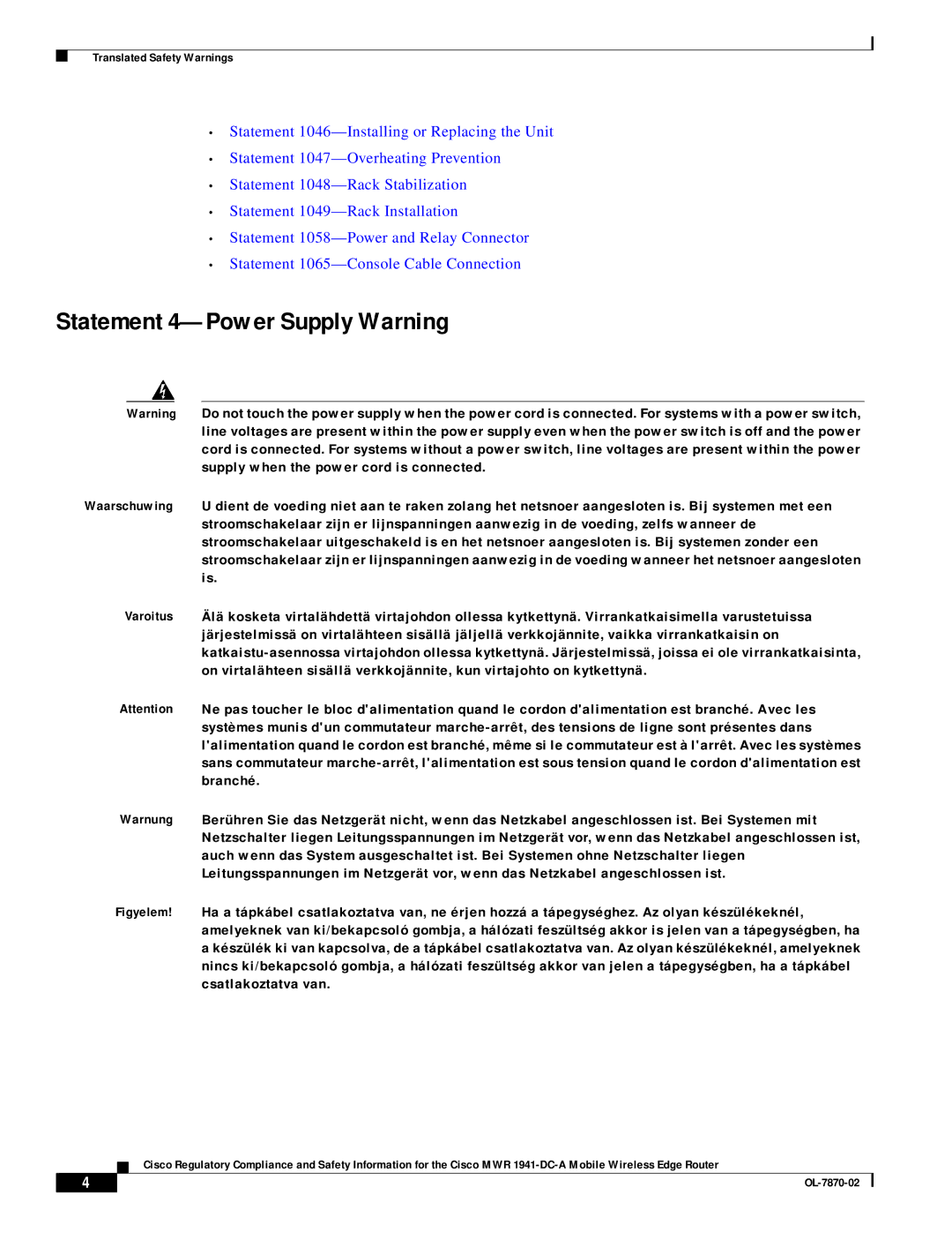 Cisco Systems OL-7870-02 manual Statement 4-Power Supply Warning 